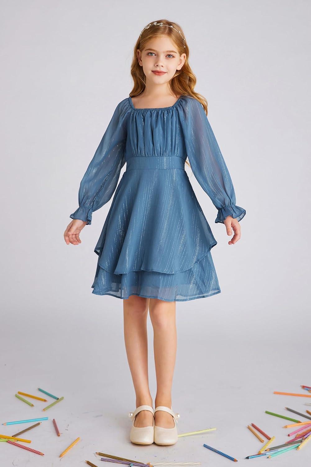 imageGRACE KARIN Girls Fall Dress Long Sleeve Casual Dresses Square Neck Ruffle Tiered Layer Aline Dress 512YDeep Blue