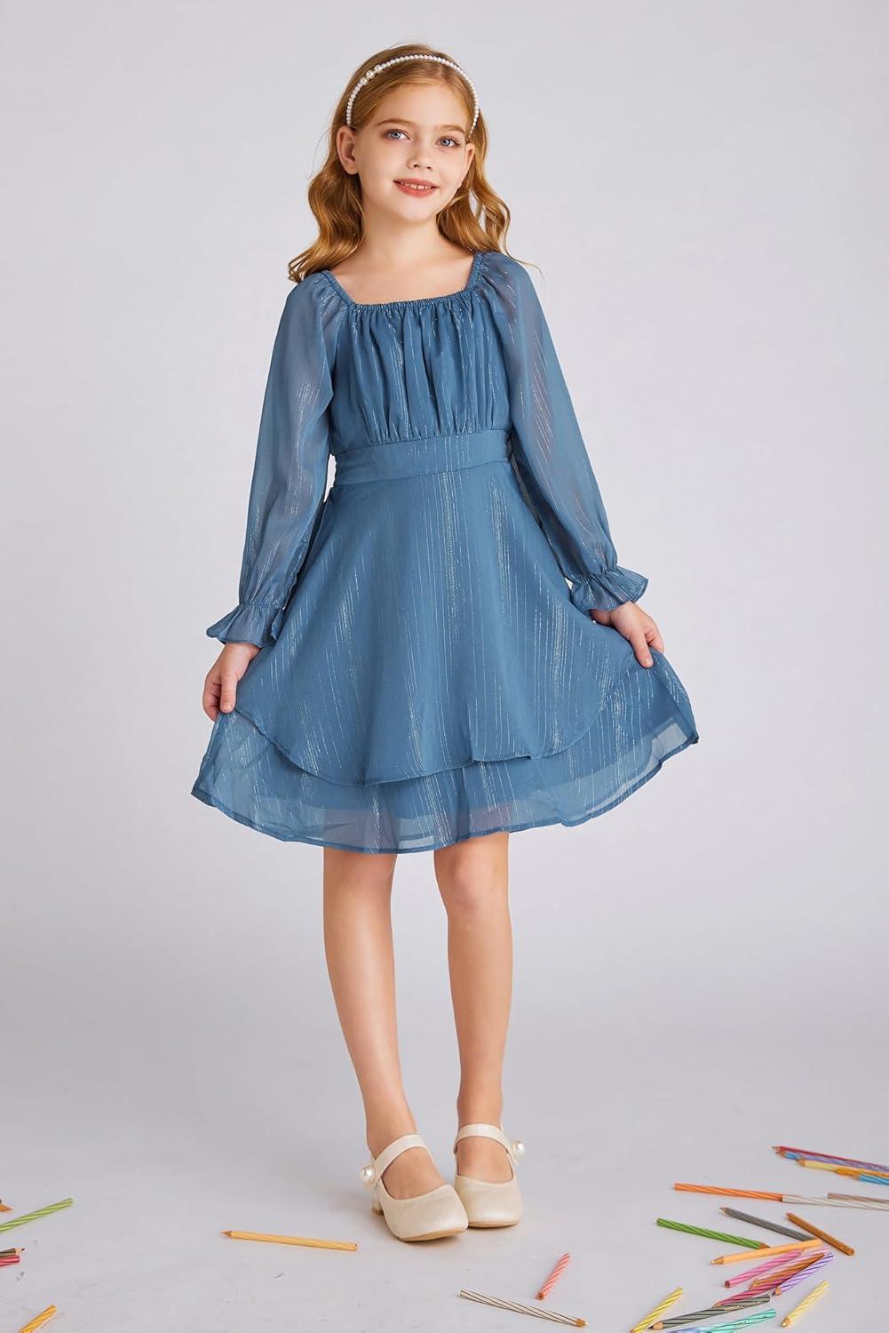 imageGRACE KARIN Girls Fall Dress Long Sleeve Casual Dresses Square Neck Ruffle Tiered Layer Aline Dress 512YDeep Blue