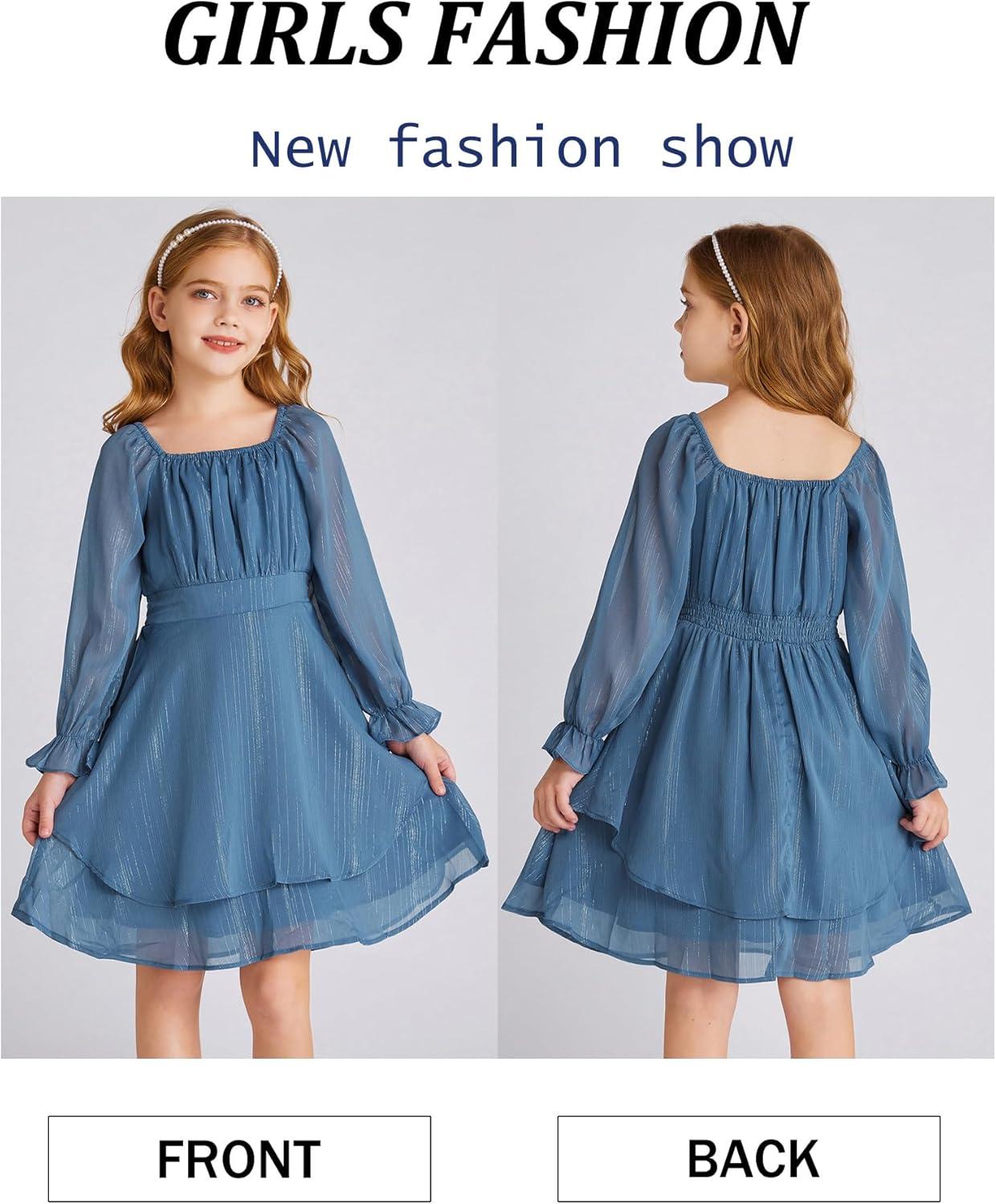 imageGRACE KARIN Girls Fall Dress Long Sleeve Casual Dresses Square Neck Ruffle Tiered Layer Aline Dress 512YDeep Blue