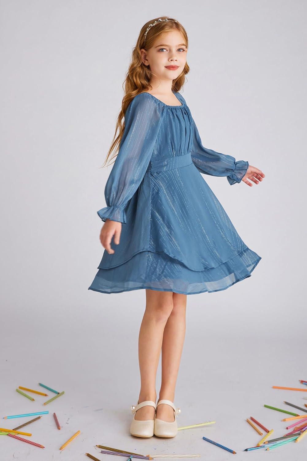 imageGRACE KARIN Girls Fall Dress Long Sleeve Casual Dresses Square Neck Ruffle Tiered Layer Aline Dress 512YDeep Blue