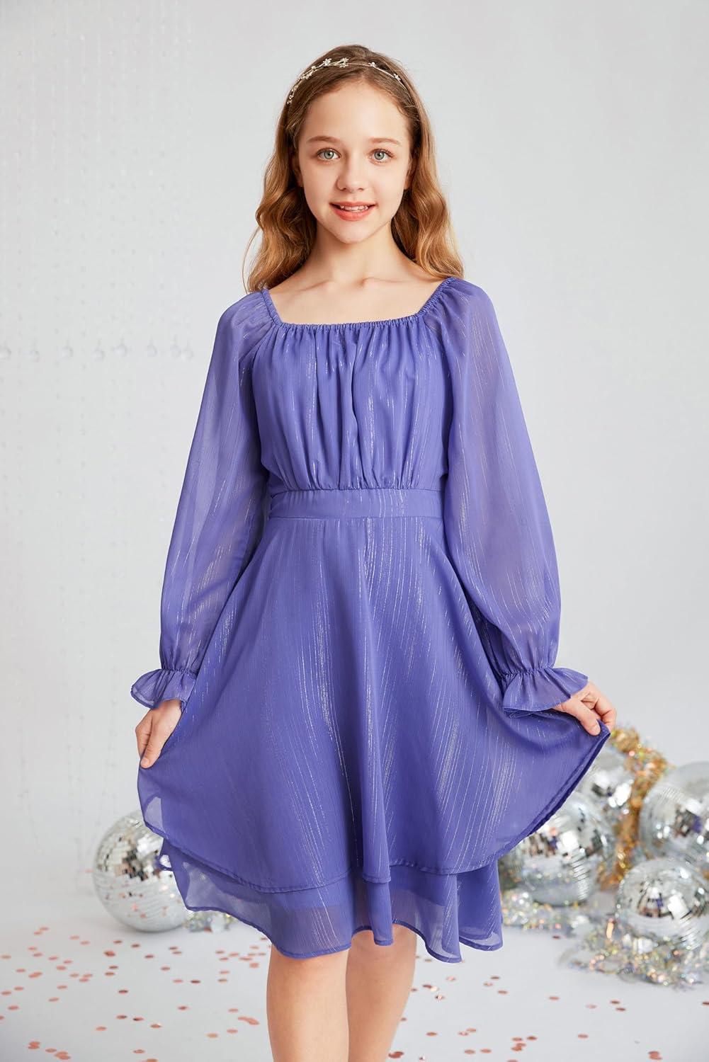 imageGRACE KARIN Girls Fall Dress Long Sleeve Casual Dresses Square Neck Ruffle Tiered Layer Aline Dress 512YDeep Purple