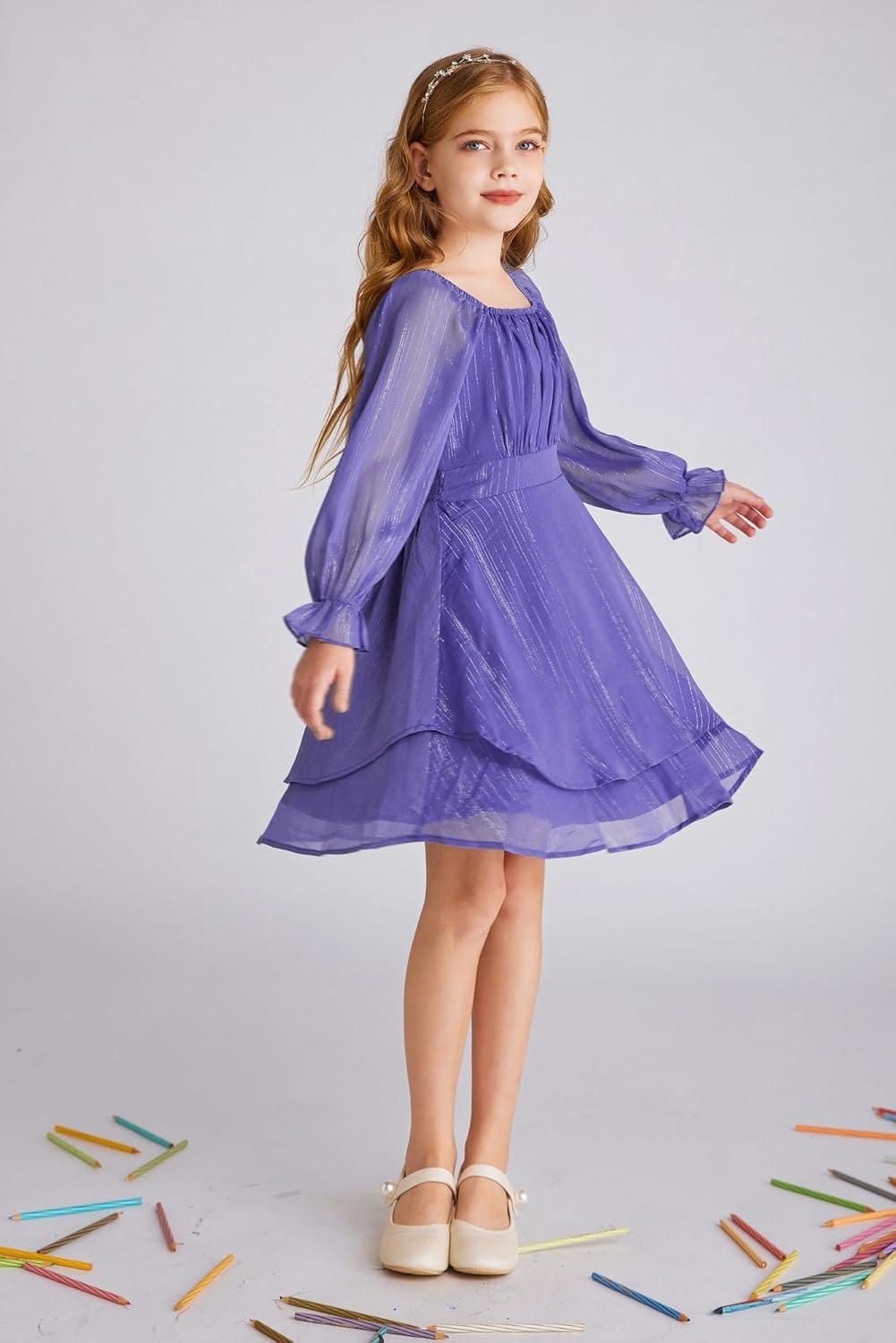 imageGRACE KARIN Girls Fall Dress Long Sleeve Casual Dresses Square Neck Ruffle Tiered Layer Aline Dress 512YDeep Purple