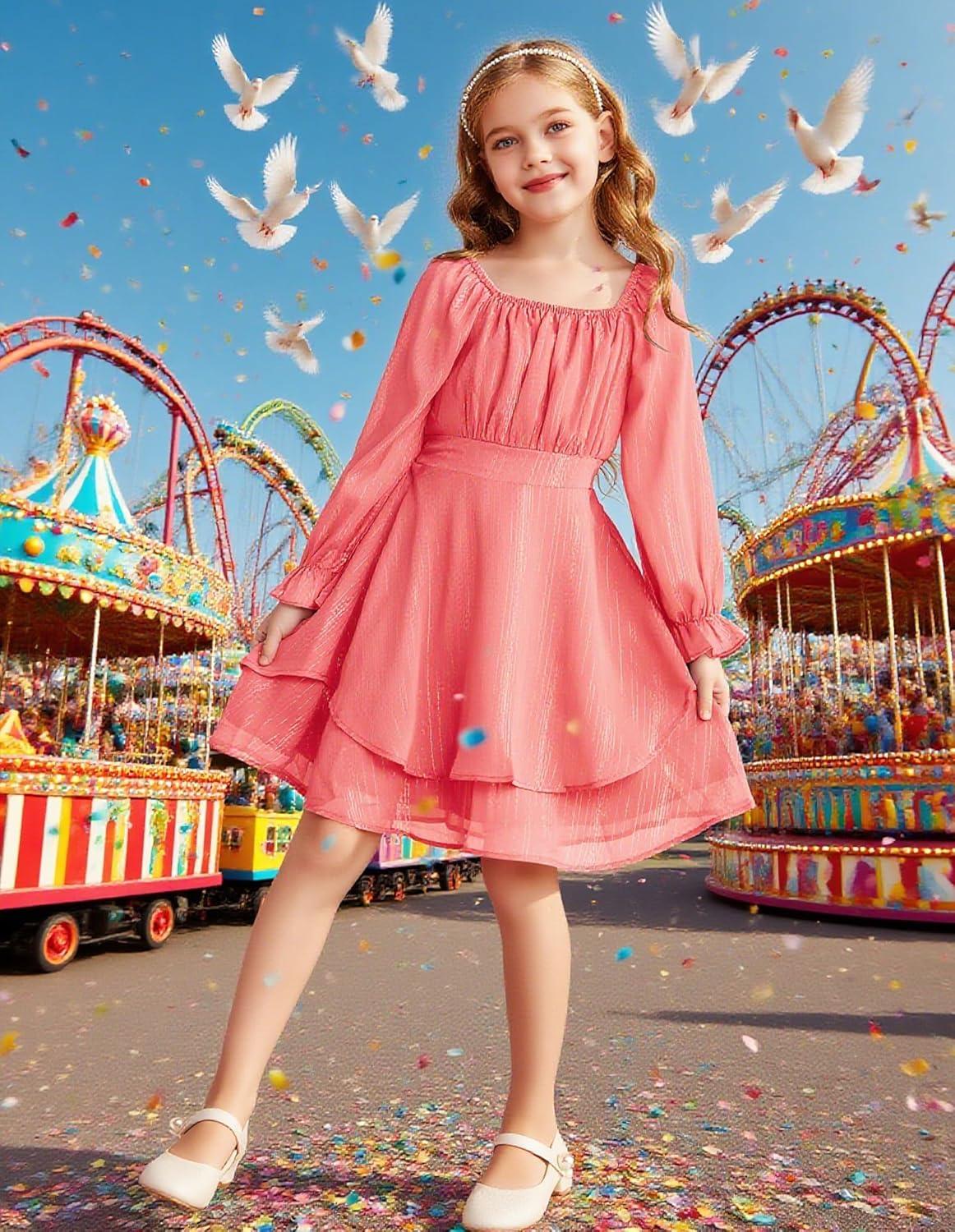 imageGRACE KARIN Girls Fall Dress Long Sleeve Casual Dresses Square Neck Ruffle Tiered Layer Aline Dress 512YMuted Pink