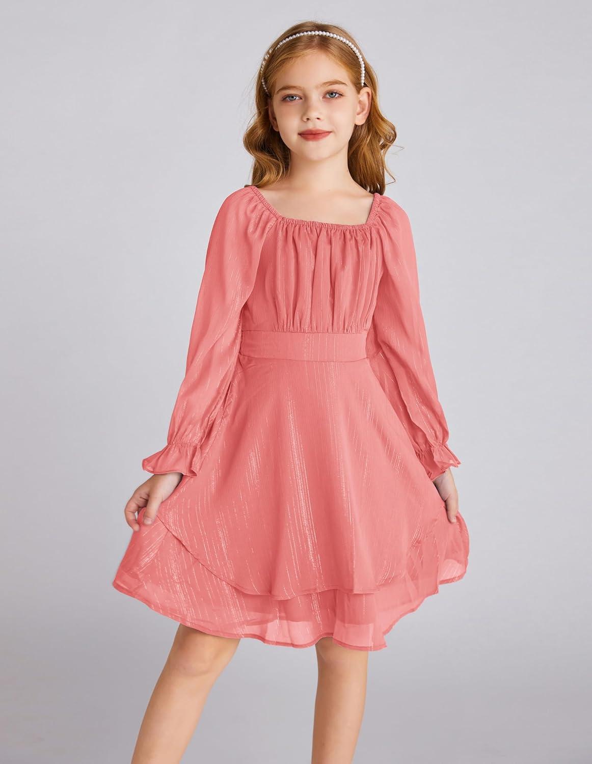imageGRACE KARIN Girls Fall Dress Long Sleeve Casual Dresses Square Neck Ruffle Tiered Layer Aline Dress 512YMuted Pink