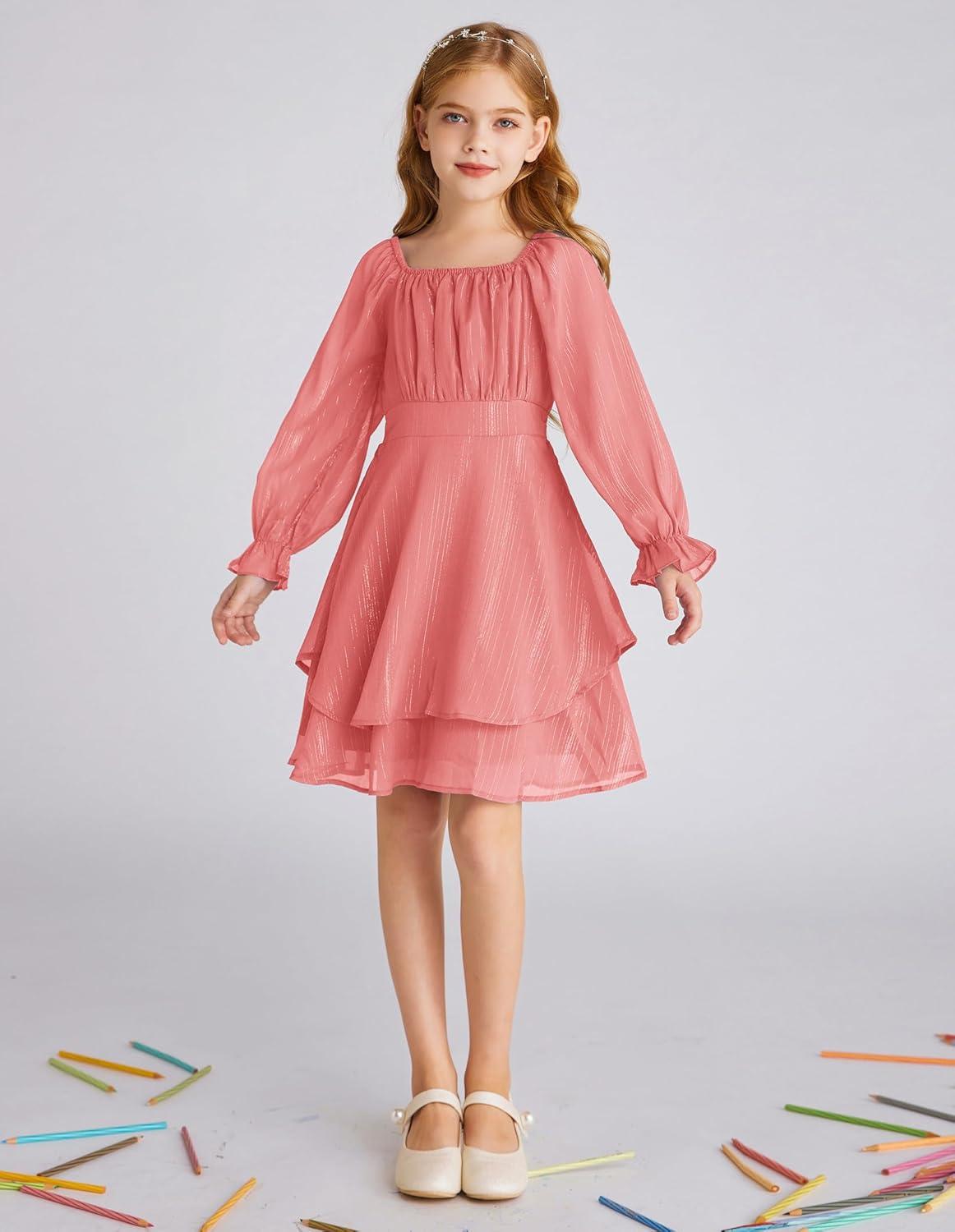 imageGRACE KARIN Girls Fall Dress Long Sleeve Casual Dresses Square Neck Ruffle Tiered Layer Aline Dress 512YMuted Pink