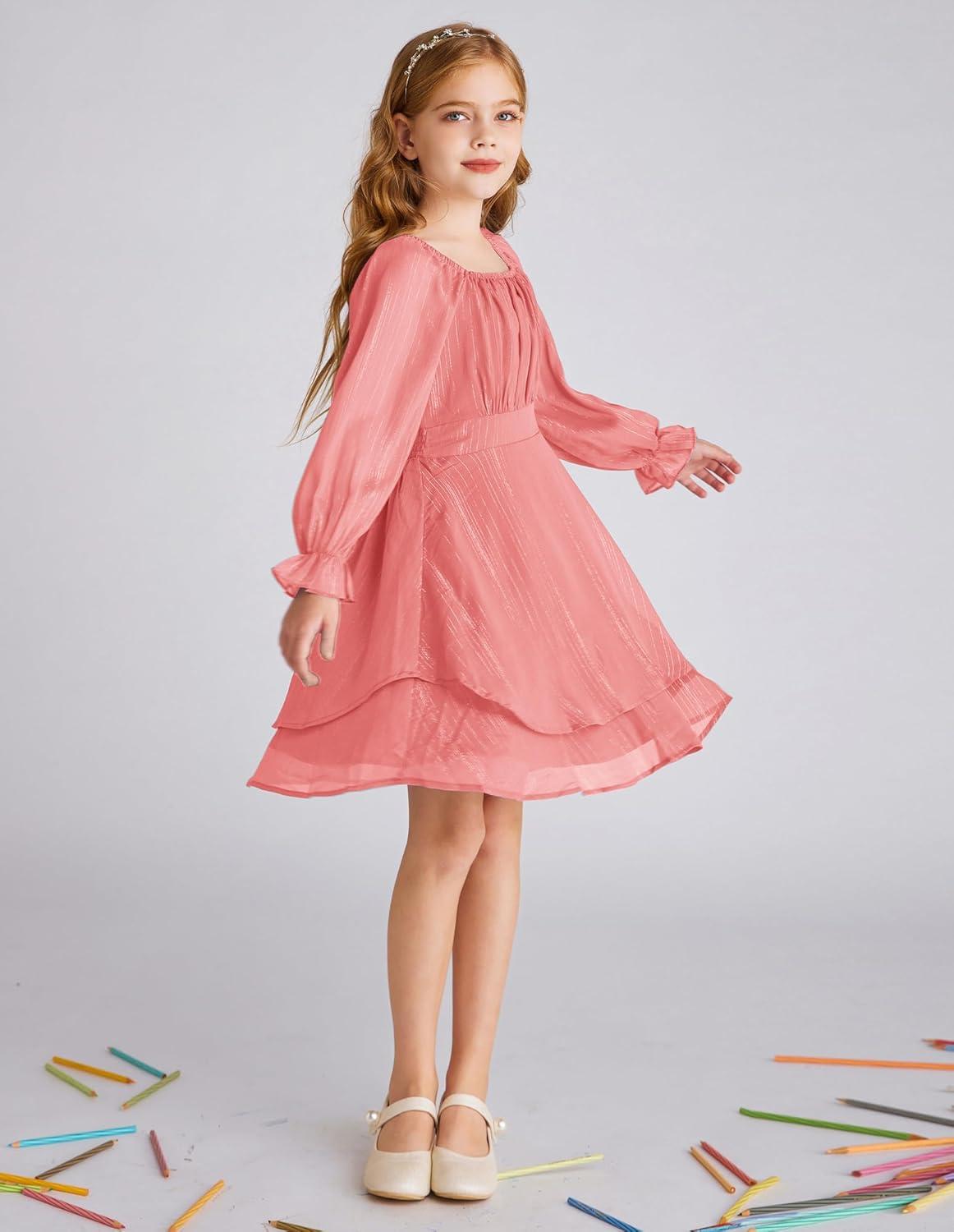 imageGRACE KARIN Girls Fall Dress Long Sleeve Casual Dresses Square Neck Ruffle Tiered Layer Aline Dress 512YMuted Pink