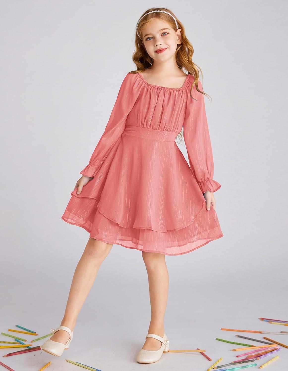 imageGRACE KARIN Girls Fall Dress Long Sleeve Casual Dresses Square Neck Ruffle Tiered Layer Aline Dress 512YMuted Pink