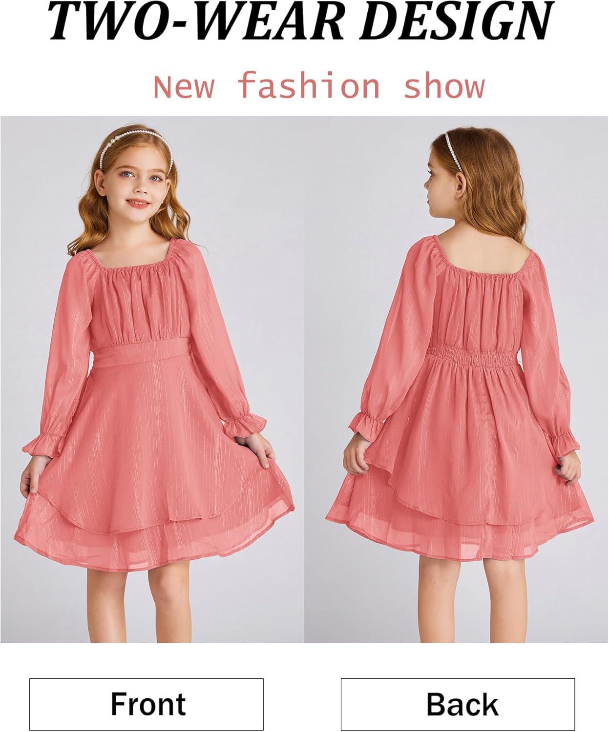 imageGRACE KARIN Girls Fall Dress Long Sleeve Casual Dresses Square Neck Ruffle Tiered Layer Aline Dress 512YMuted Pink