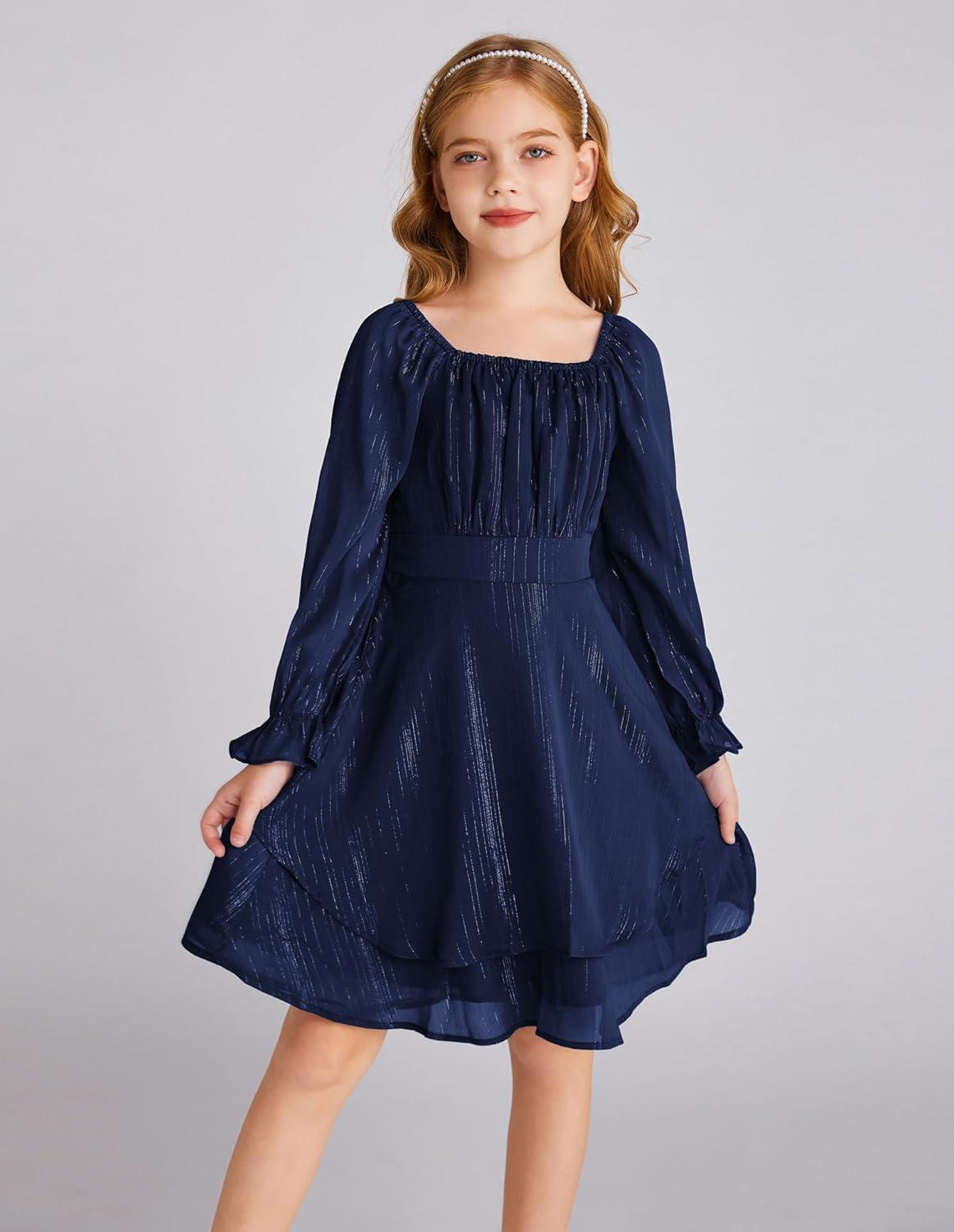 imageGRACE KARIN Girls Fall Dress Long Sleeve Casual Dresses Square Neck Ruffle Tiered Layer Aline Dress 512YNavy Blue