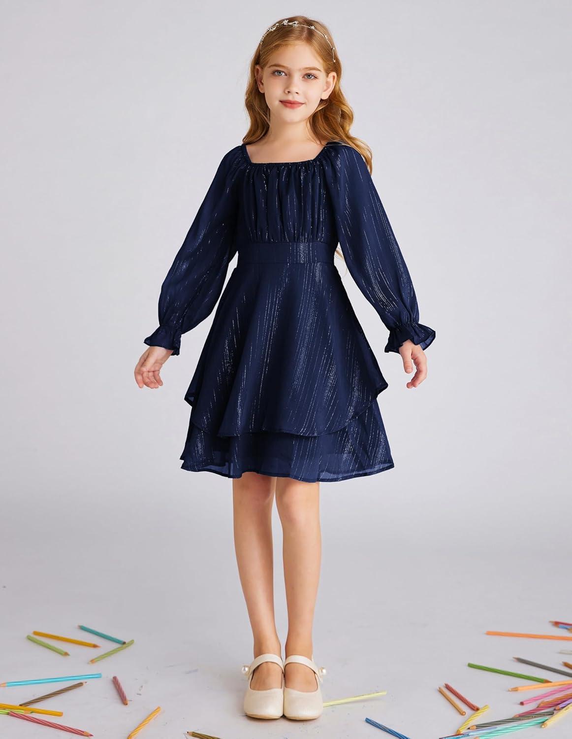 imageGRACE KARIN Girls Fall Dress Long Sleeve Casual Dresses Square Neck Ruffle Tiered Layer Aline Dress 512YNavy Blue