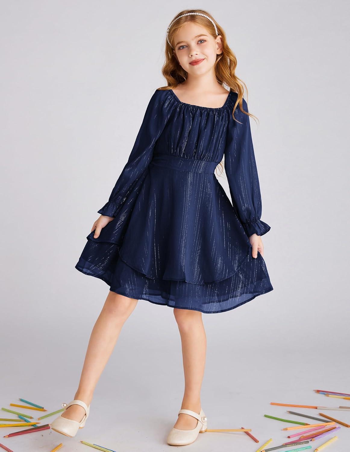 imageGRACE KARIN Girls Fall Dress Long Sleeve Casual Dresses Square Neck Ruffle Tiered Layer Aline Dress 512YNavy Blue