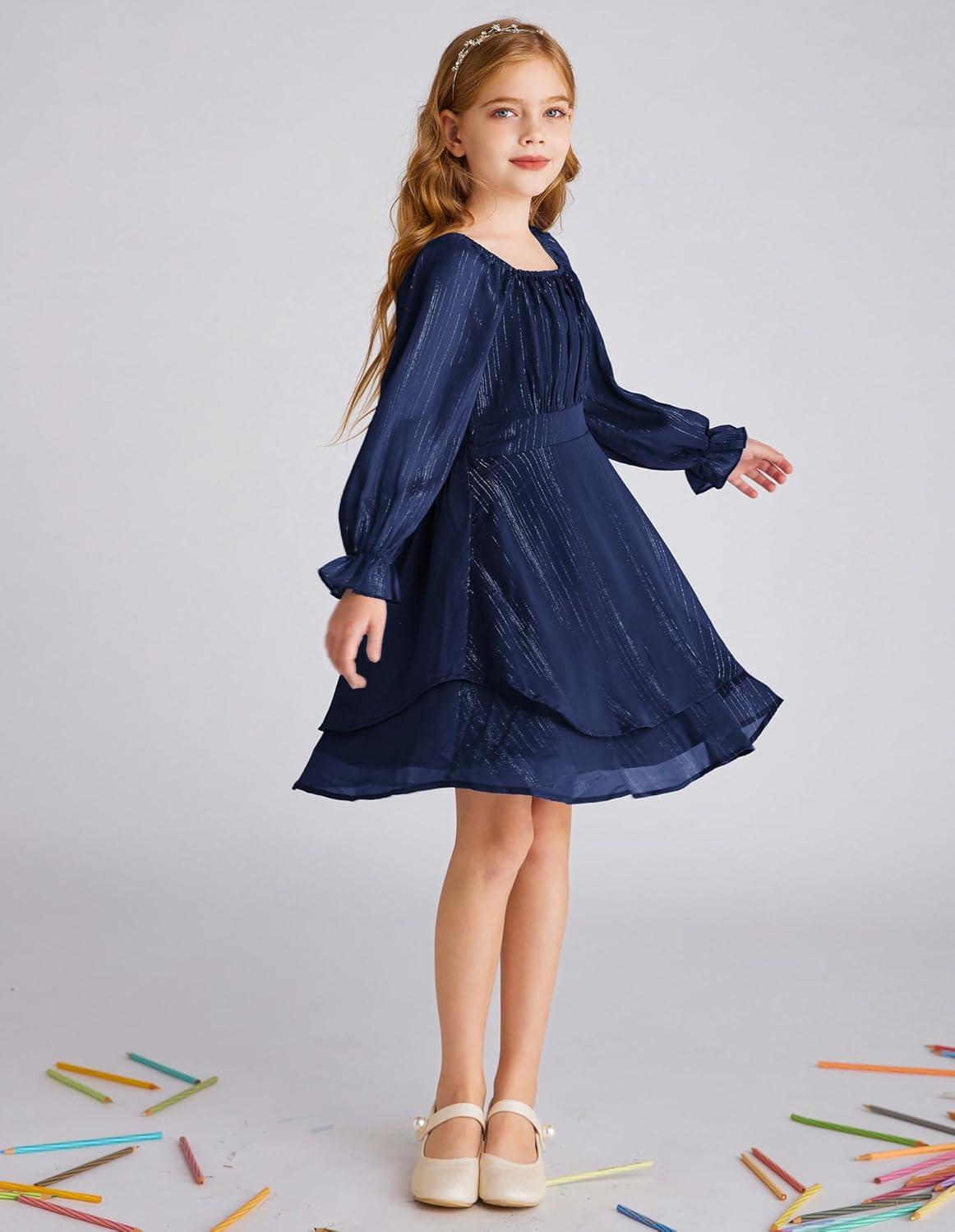 imageGRACE KARIN Girls Fall Dress Long Sleeve Casual Dresses Square Neck Ruffle Tiered Layer Aline Dress 512YNavy Blue