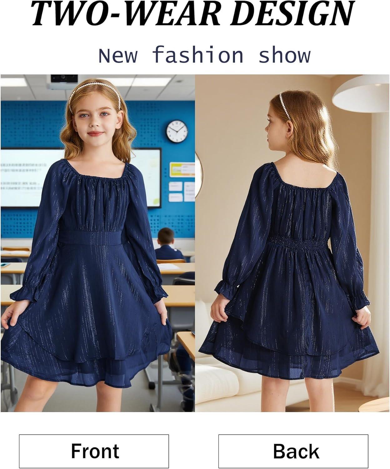 imageGRACE KARIN Girls Fall Dress Long Sleeve Casual Dresses Square Neck Ruffle Tiered Layer Aline Dress 512YNavy Blue