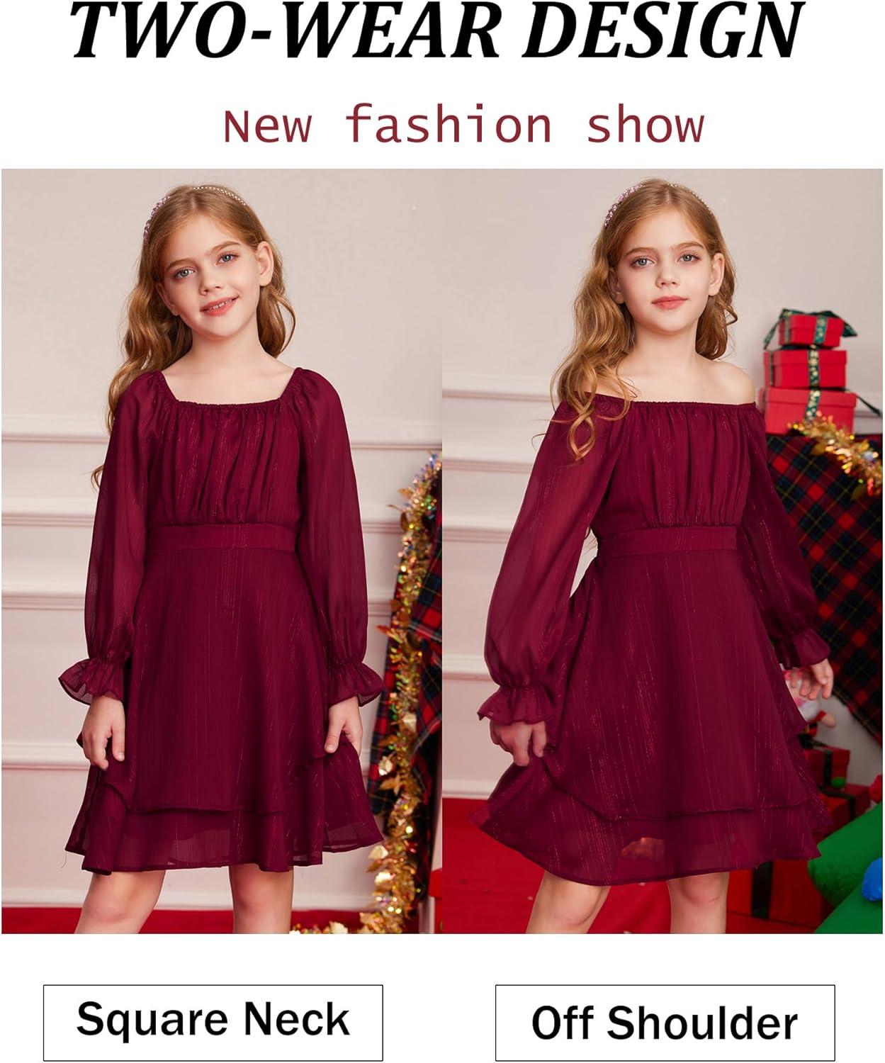 imageGRACE KARIN Girls Fall Dress Long Sleeve Casual Dresses Square Neck Ruffle Tiered Layer Aline Dress 512YWine Red