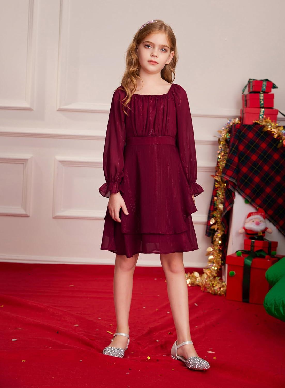 imageGRACE KARIN Girls Fall Dress Long Sleeve Casual Dresses Square Neck Ruffle Tiered Layer Aline Dress 512YWine Red