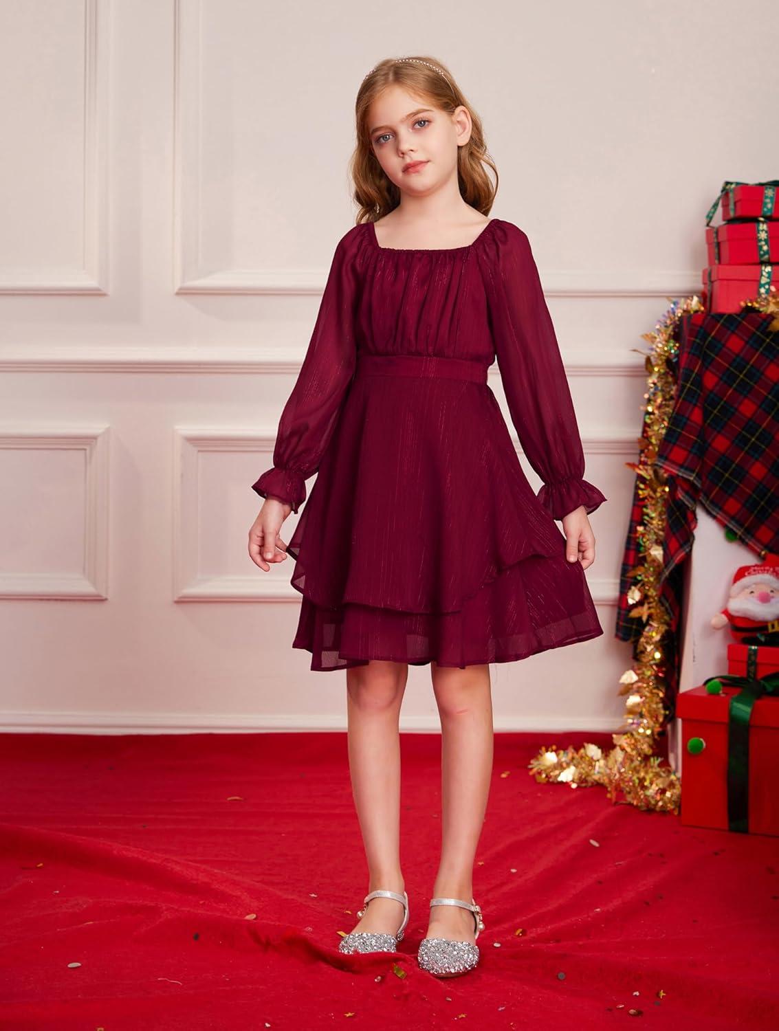 imageGRACE KARIN Girls Fall Dress Long Sleeve Casual Dresses Square Neck Ruffle Tiered Layer Aline Dress 512YWine Red