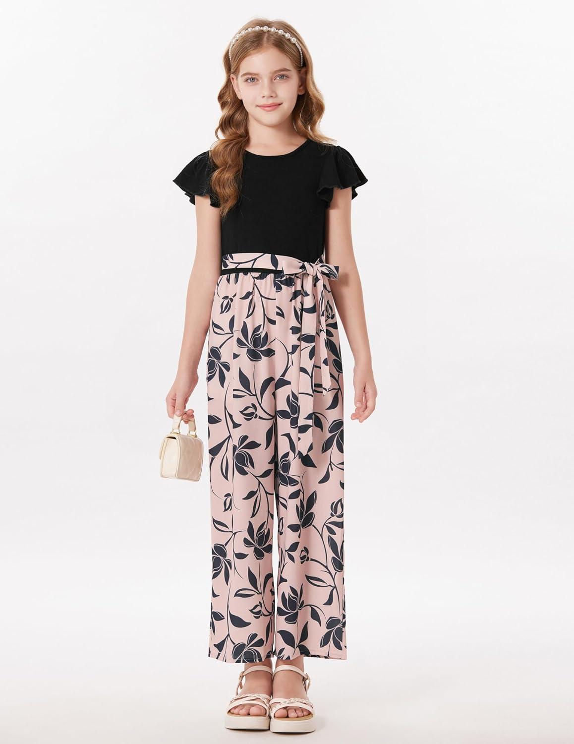 imageGRACE KARIN Girls Floral Jumpsuit Kids Flutter Sleeve Belted Wide Leg Romper One Piece Summer OutfitsBlack