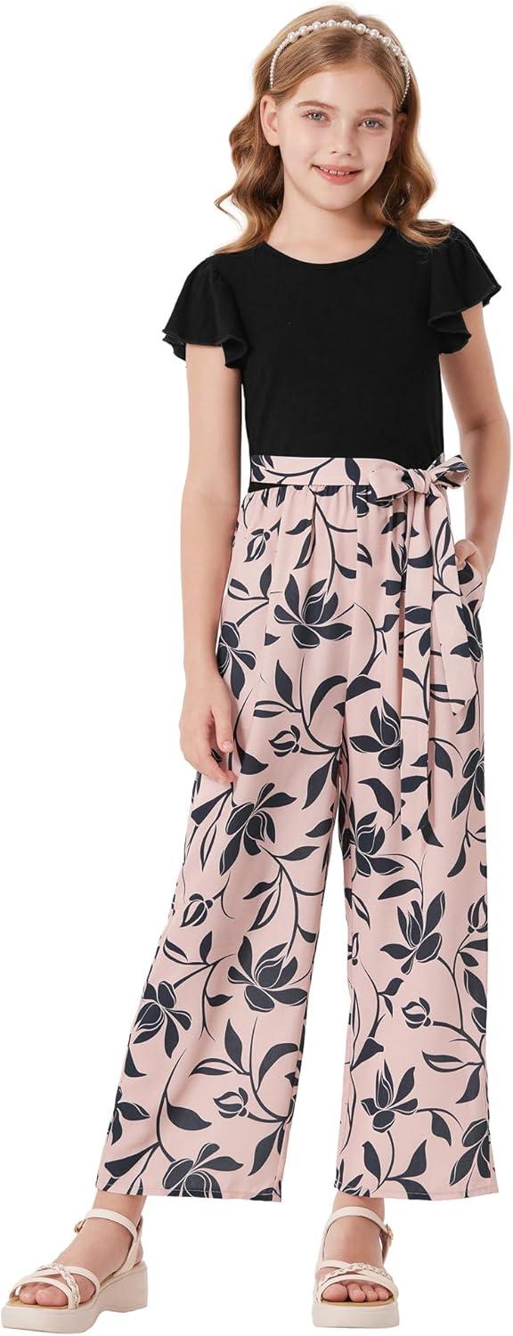 imageGRACE KARIN Girls Floral Jumpsuit Kids Flutter Sleeve Belted Wide Leg Romper One Piece Summer OutfitsBlack