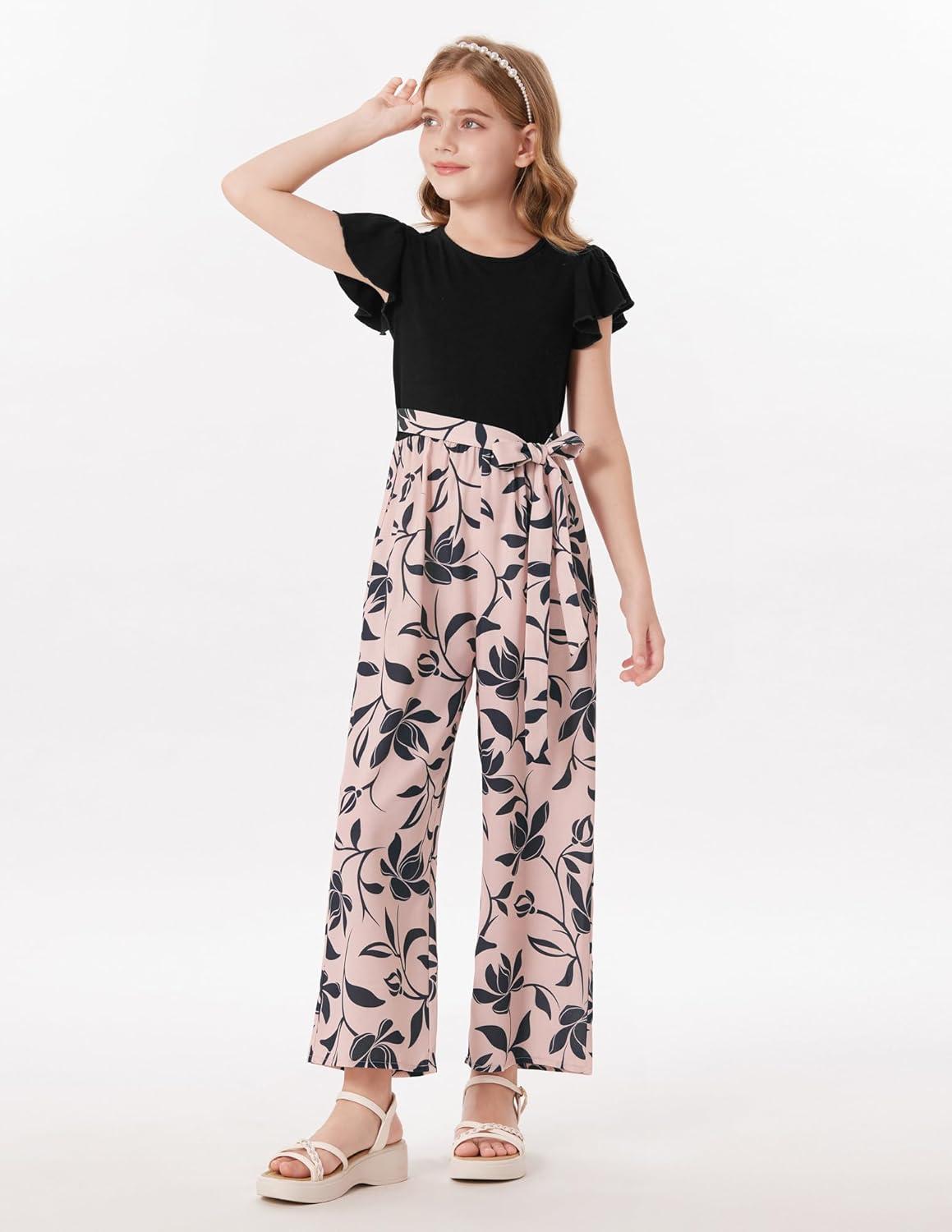 imageGRACE KARIN Girls Floral Jumpsuit Kids Flutter Sleeve Belted Wide Leg Romper One Piece Summer OutfitsBlack