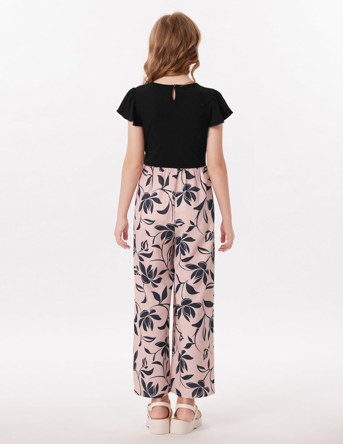 imageGRACE KARIN Girls Floral Jumpsuit Kids Flutter Sleeve Belted Wide Leg Romper One Piece Summer OutfitsBlack