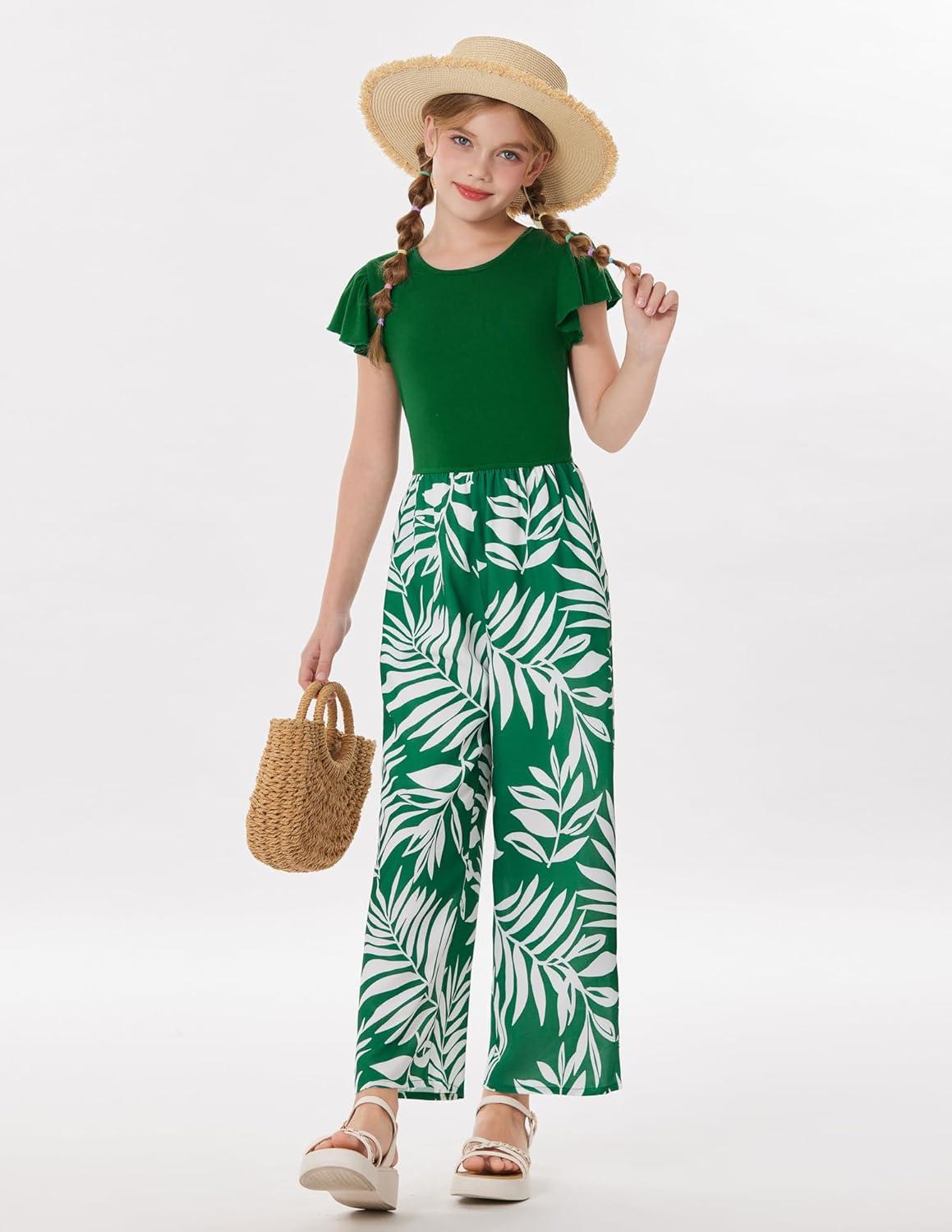 imageGRACE KARIN Girls Floral Jumpsuit Kids Flutter Sleeve Belted Wide Leg Romper One Piece Summer OutfitsGreen