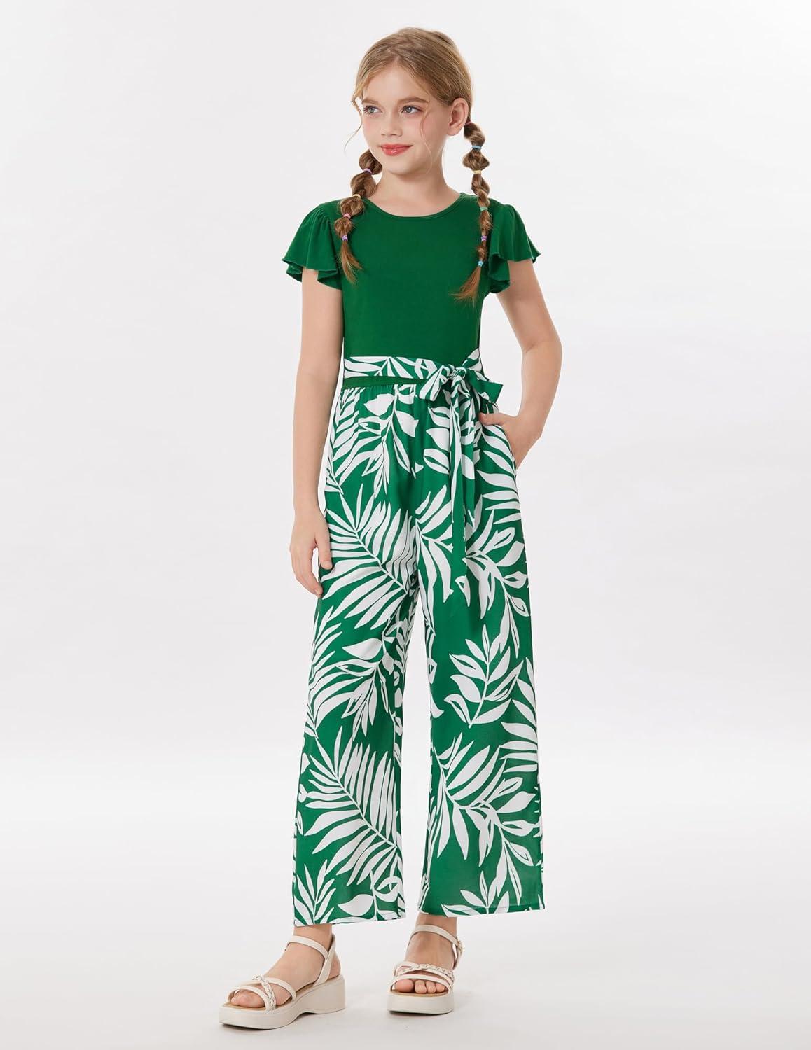 imageGRACE KARIN Girls Floral Jumpsuit Kids Flutter Sleeve Belted Wide Leg Romper One Piece Summer OutfitsGreen
