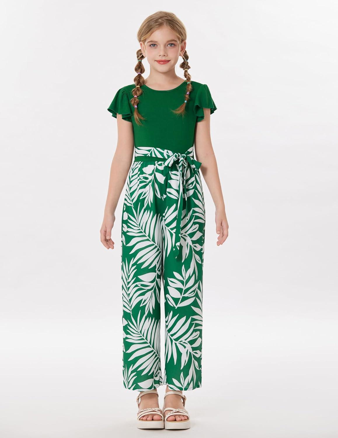 imageGRACE KARIN Girls Floral Jumpsuit Kids Flutter Sleeve Belted Wide Leg Romper One Piece Summer OutfitsGreen