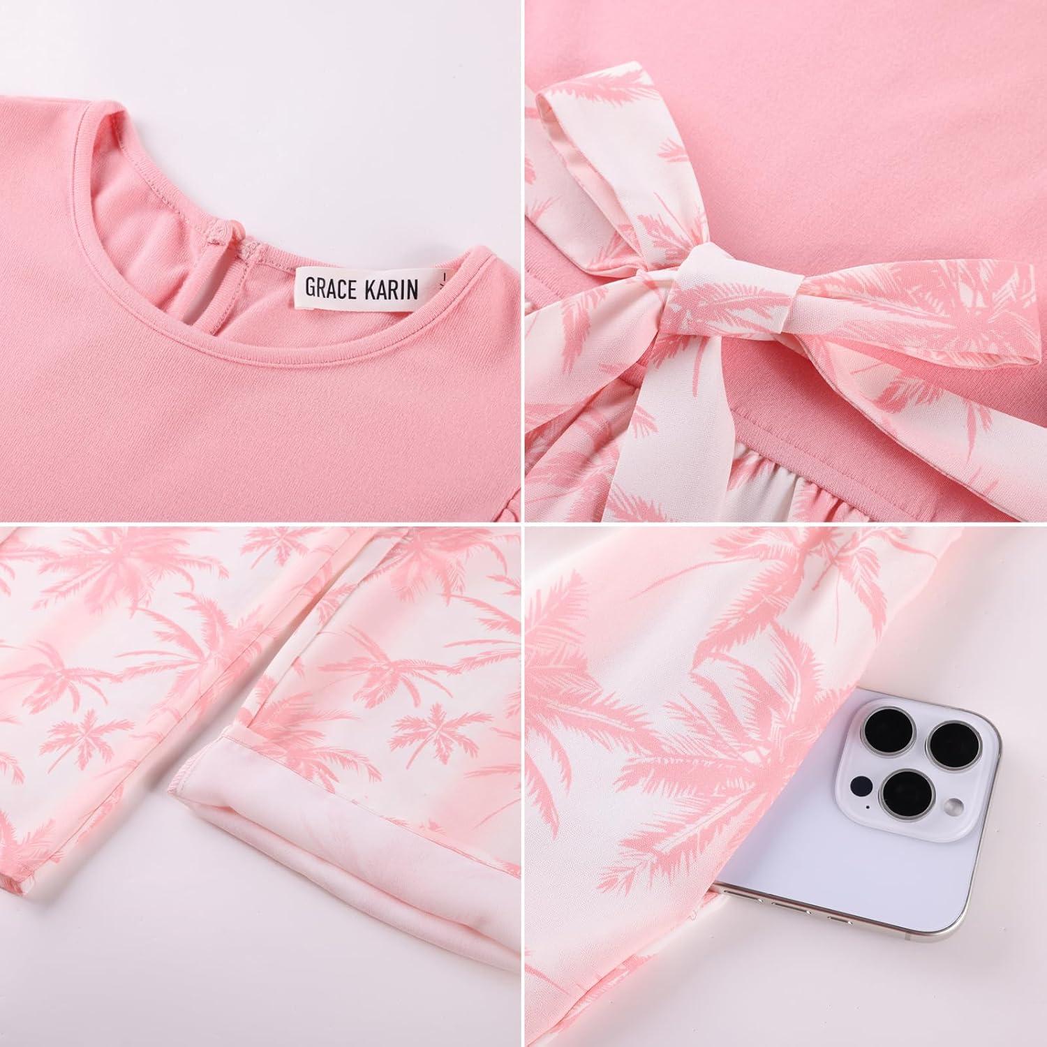 imageGRACE KARIN Girls Floral Jumpsuit Kids Flutter Sleeve Belted Wide Leg Romper One Piece Summer OutfitsPink