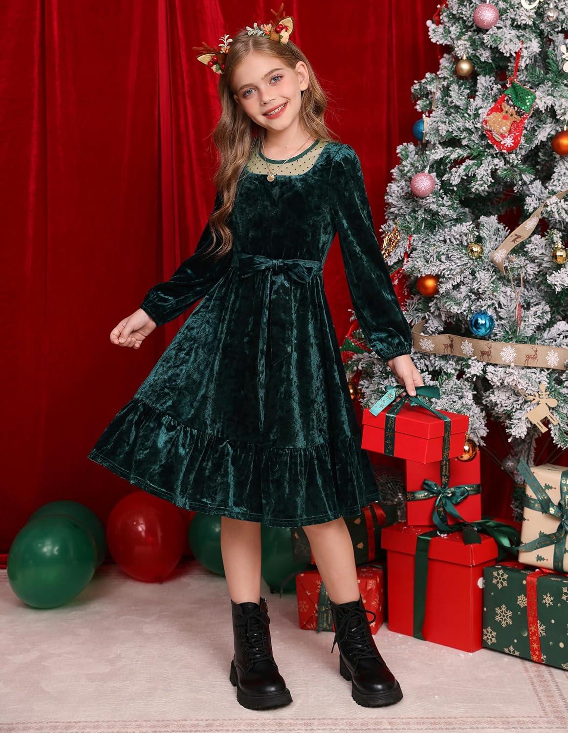 imageGRACE KARIN Girls Long Sleeve Holiday Dress Little Girl Velvet Winter Dress Kids Fall Formal Party Dresses Size 612Green