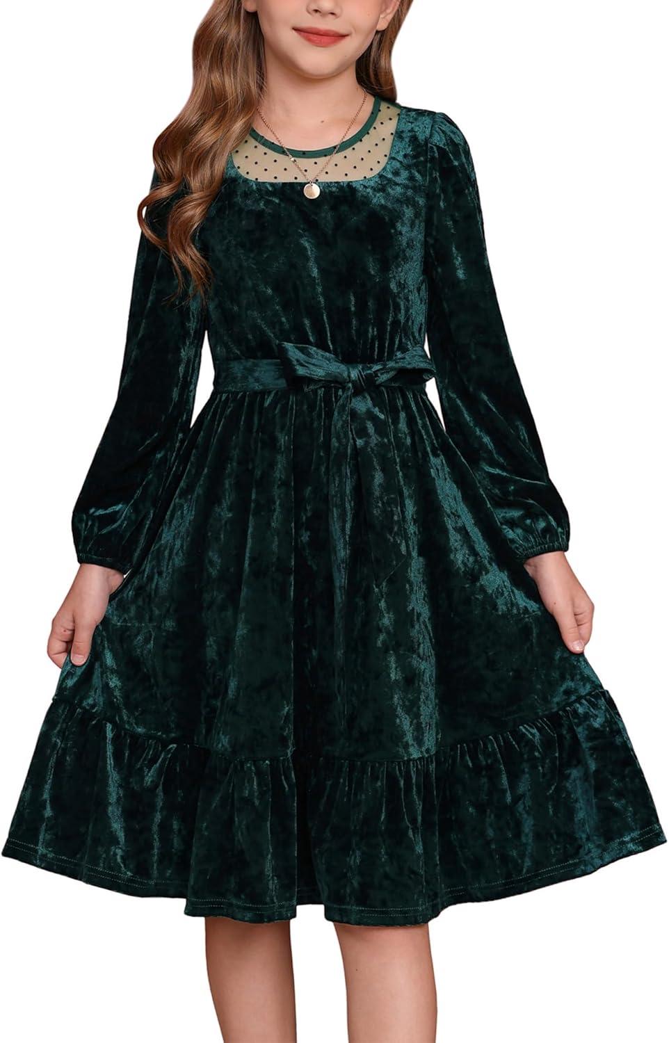 imageGRACE KARIN Girls Long Sleeve Holiday Dress Little Girl Velvet Winter Dress Kids Fall Formal Party Dresses Size 612Green