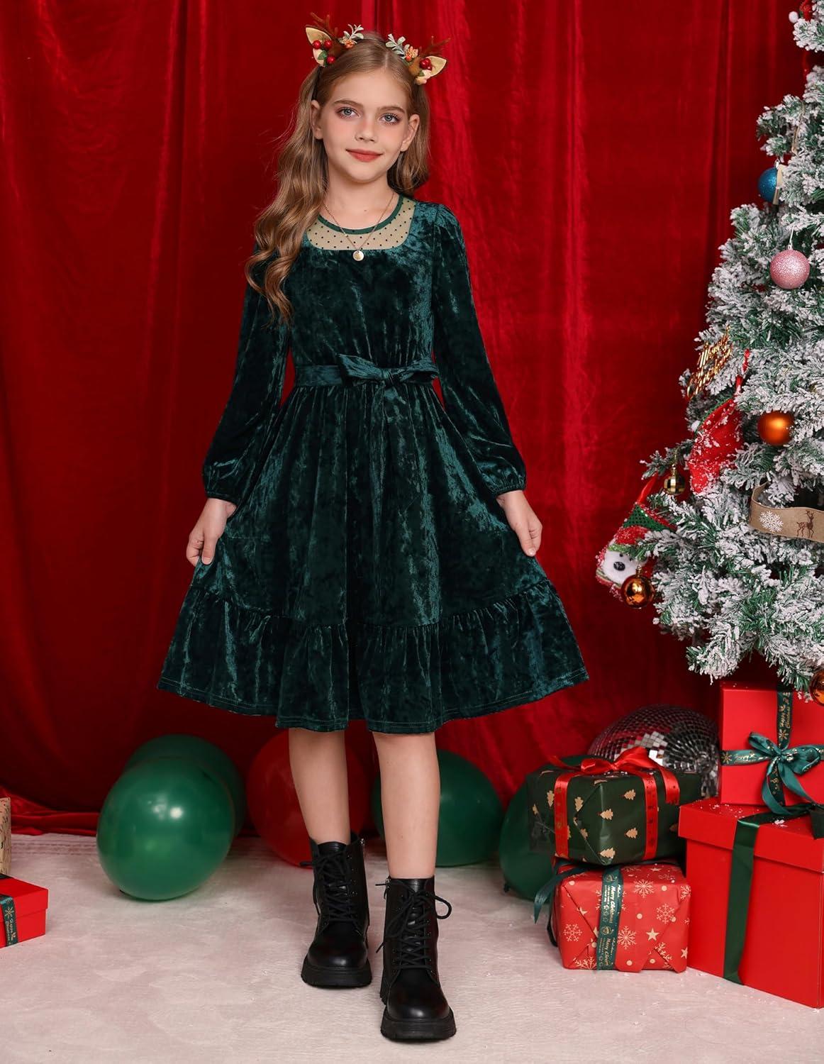 imageGRACE KARIN Girls Long Sleeve Holiday Dress Little Girl Velvet Winter Dress Kids Fall Formal Party Dresses Size 612Green