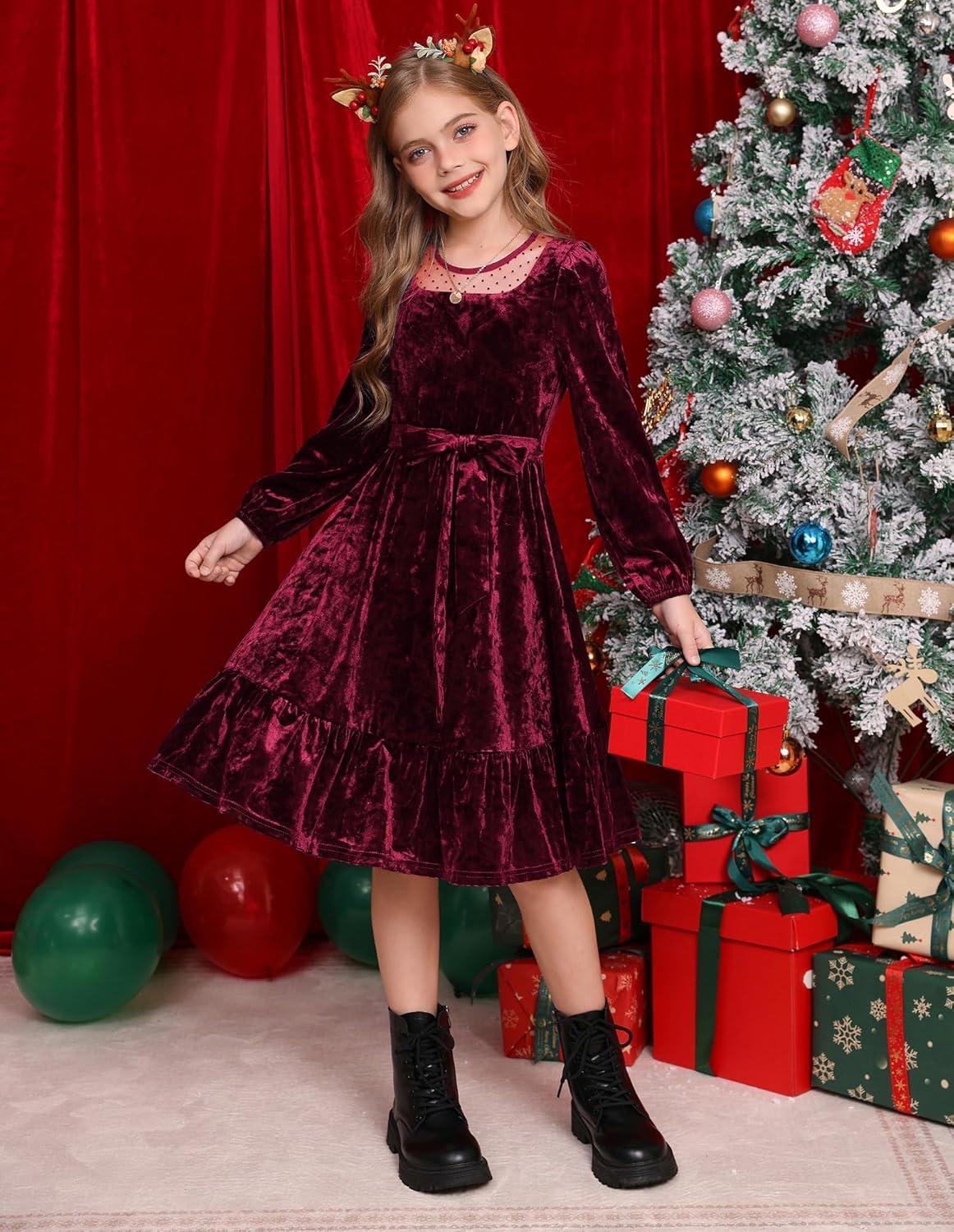 imageGRACE KARIN Girls Long Sleeve Holiday Dress Little Girl Velvet Winter Dress Kids Fall Formal Party Dresses Size 612Red