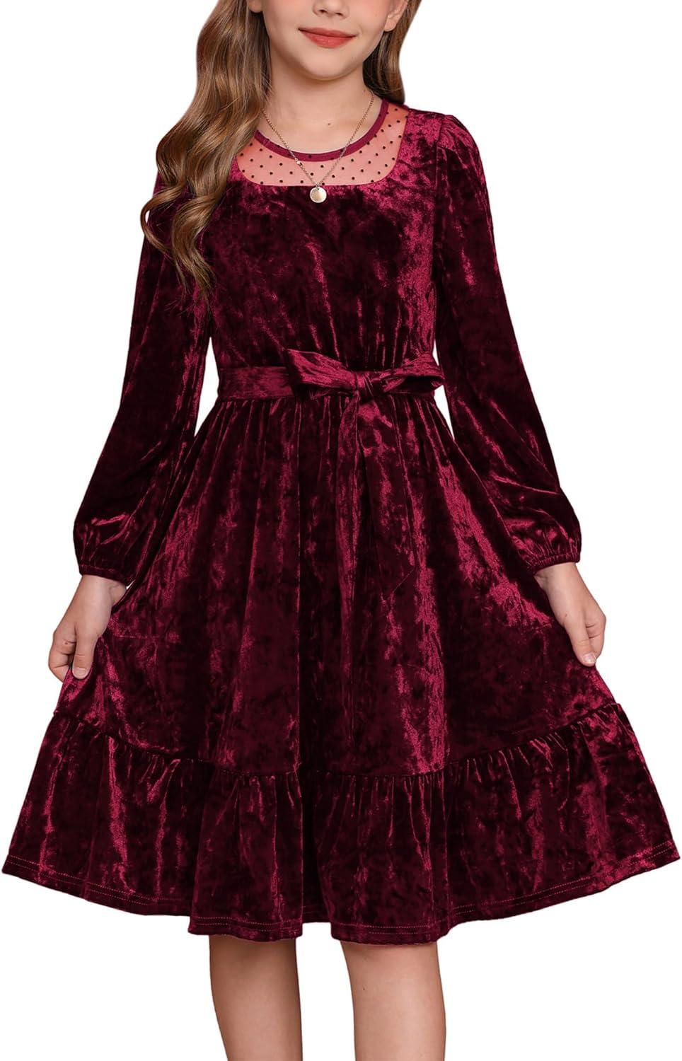 imageGRACE KARIN Girls Long Sleeve Holiday Dress Little Girl Velvet Winter Dress Kids Fall Formal Party Dresses Size 612Red
