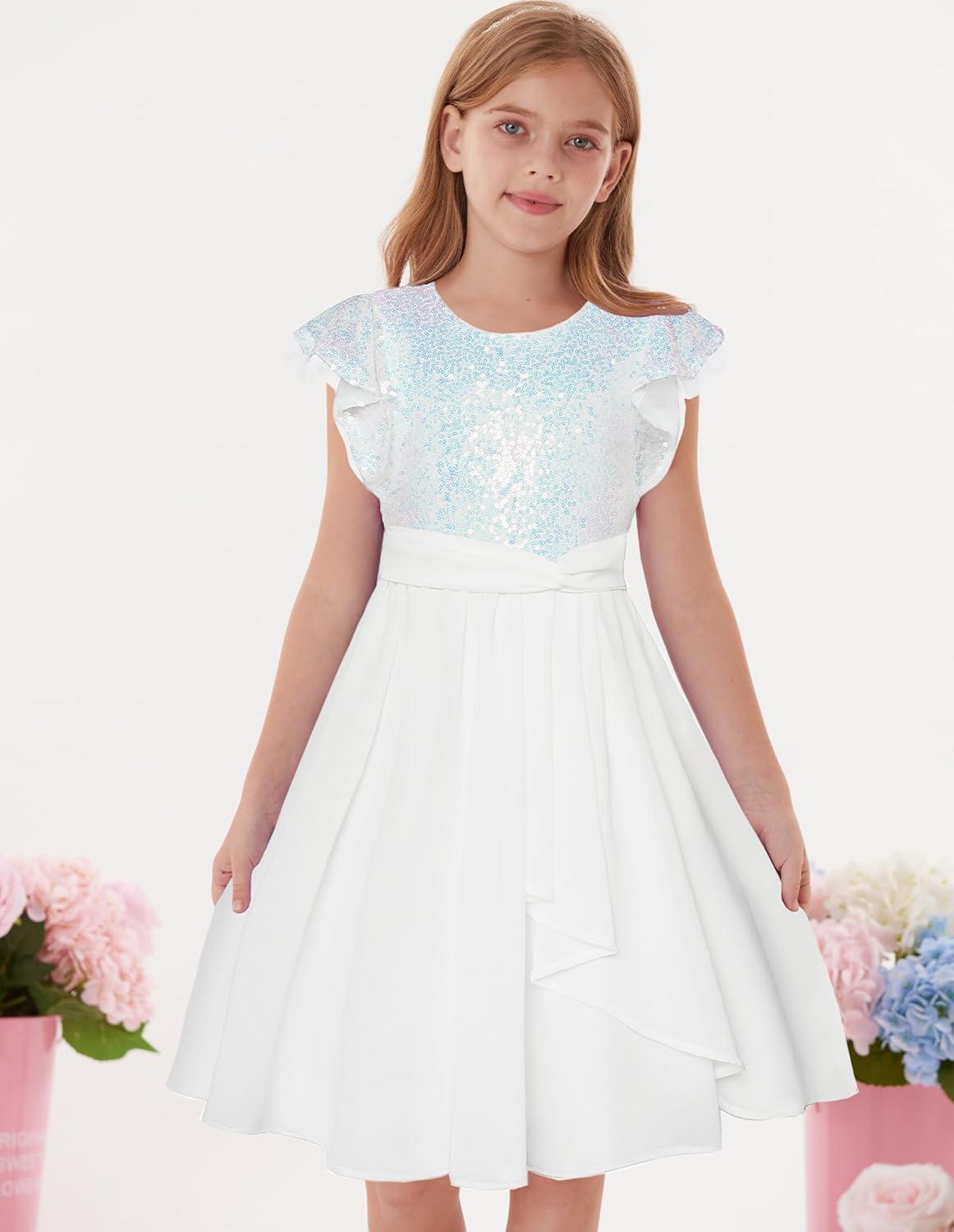 imageGRACE KARIN Girls Sequin Dress Party Birthday Prom Formal Fancy Midi Dress 512 YearsColorful White