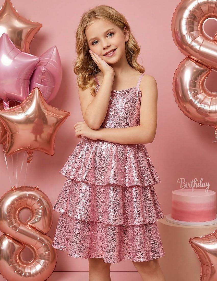 imageGRACE KARIN Girls Sequin Formal Dresses Kids Party Special Occasion Fancy Dress Tie Back 3 Layer Prom Graduation OutfitsLight Pink