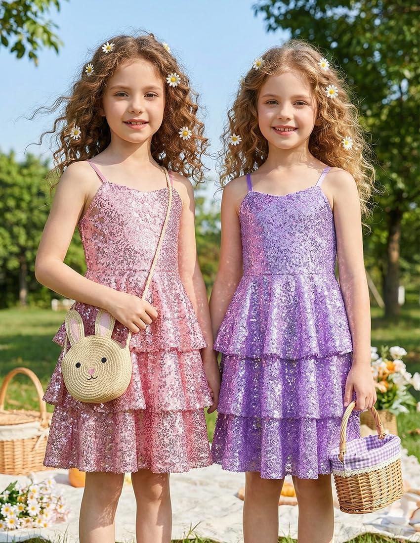 imageGRACE KARIN Girls Sequin Formal Dresses Kids Party Special Occasion Fancy Dress Tie Back 3 Layer Prom Graduation OutfitsLight Pink