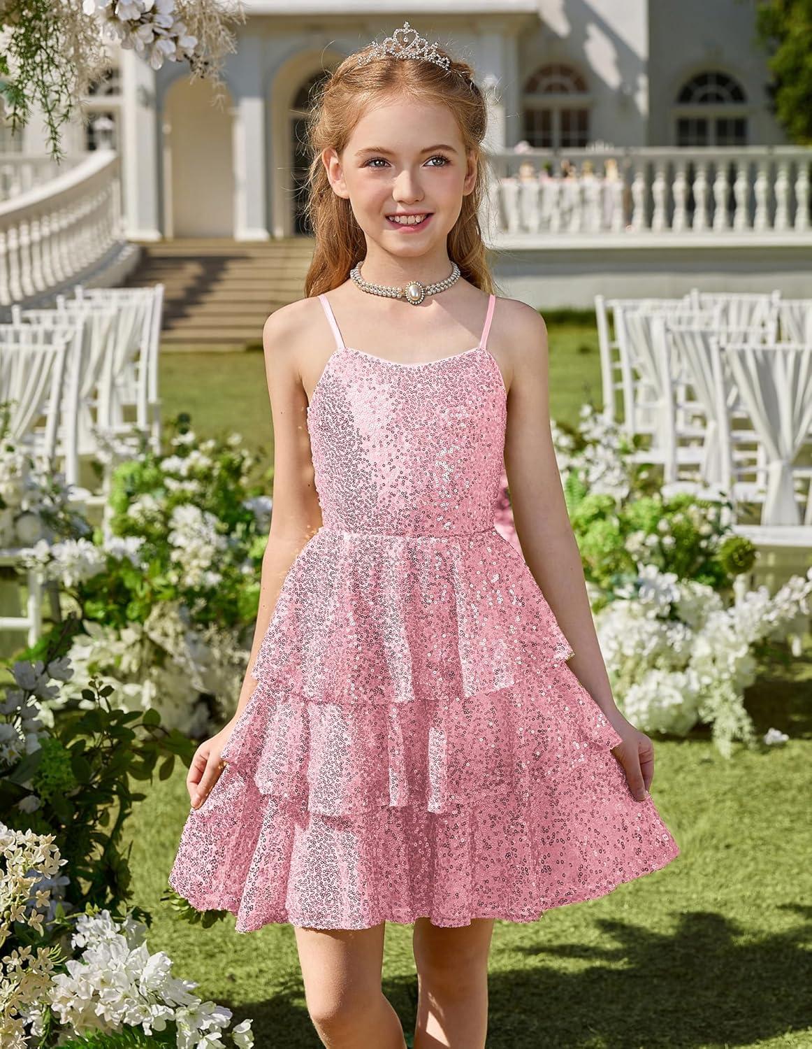 imageGRACE KARIN Girls Sequin Formal Dresses Kids Party Special Occasion Fancy Dress Tie Back 3 Layer Prom Graduation OutfitsLight Pink