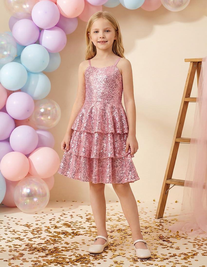 imageGRACE KARIN Girls Sequin Formal Dresses Kids Party Special Occasion Fancy Dress Tie Back 3 Layer Prom Graduation OutfitsLight Pink