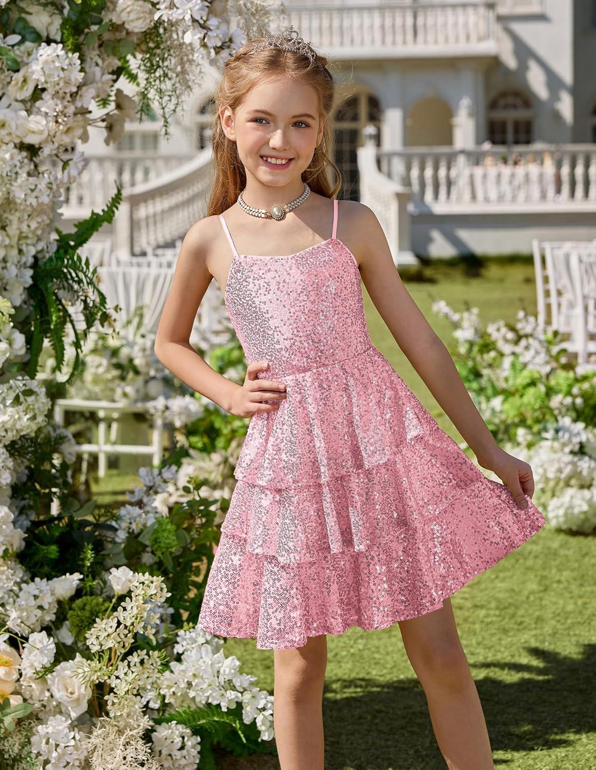 imageGRACE KARIN Girls Sequin Formal Dresses Kids Party Special Occasion Fancy Dress Tie Back 3 Layer Prom Graduation OutfitsLight Pink