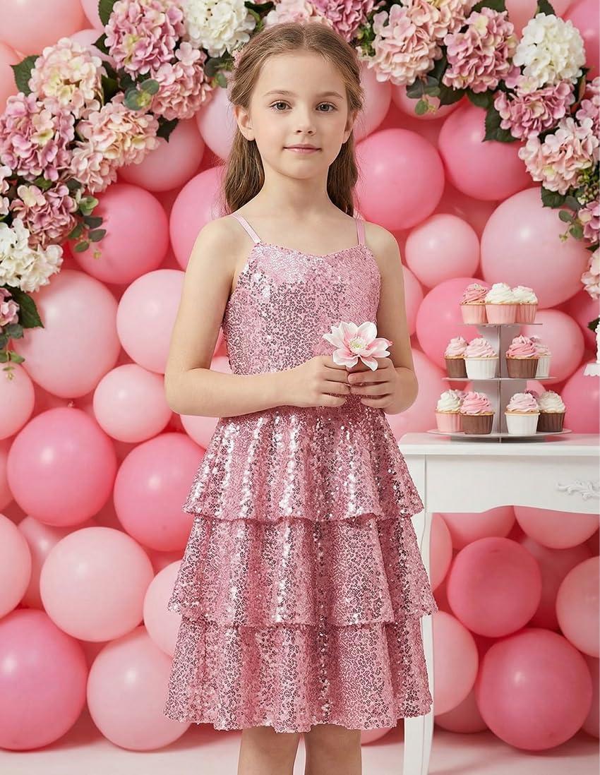 imageGRACE KARIN Girls Sequin Formal Dresses Kids Party Special Occasion Fancy Dress Tie Back 3 Layer Prom Graduation OutfitsLight Pink