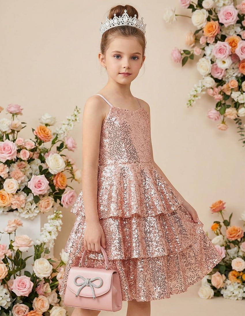 imageGRACE KARIN Girls Sequin Formal Dresses Kids Party Special Occasion Fancy Dress Tie Back 3 Layer Prom Graduation OutfitsRose Gold