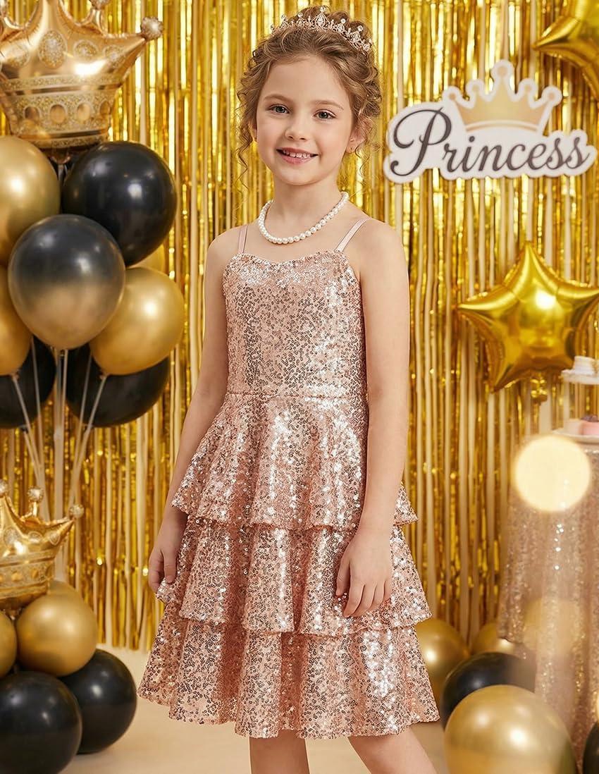 imageGRACE KARIN Girls Sequin Formal Dresses Kids Party Special Occasion Fancy Dress Tie Back 3 Layer Prom Graduation OutfitsRose Gold
