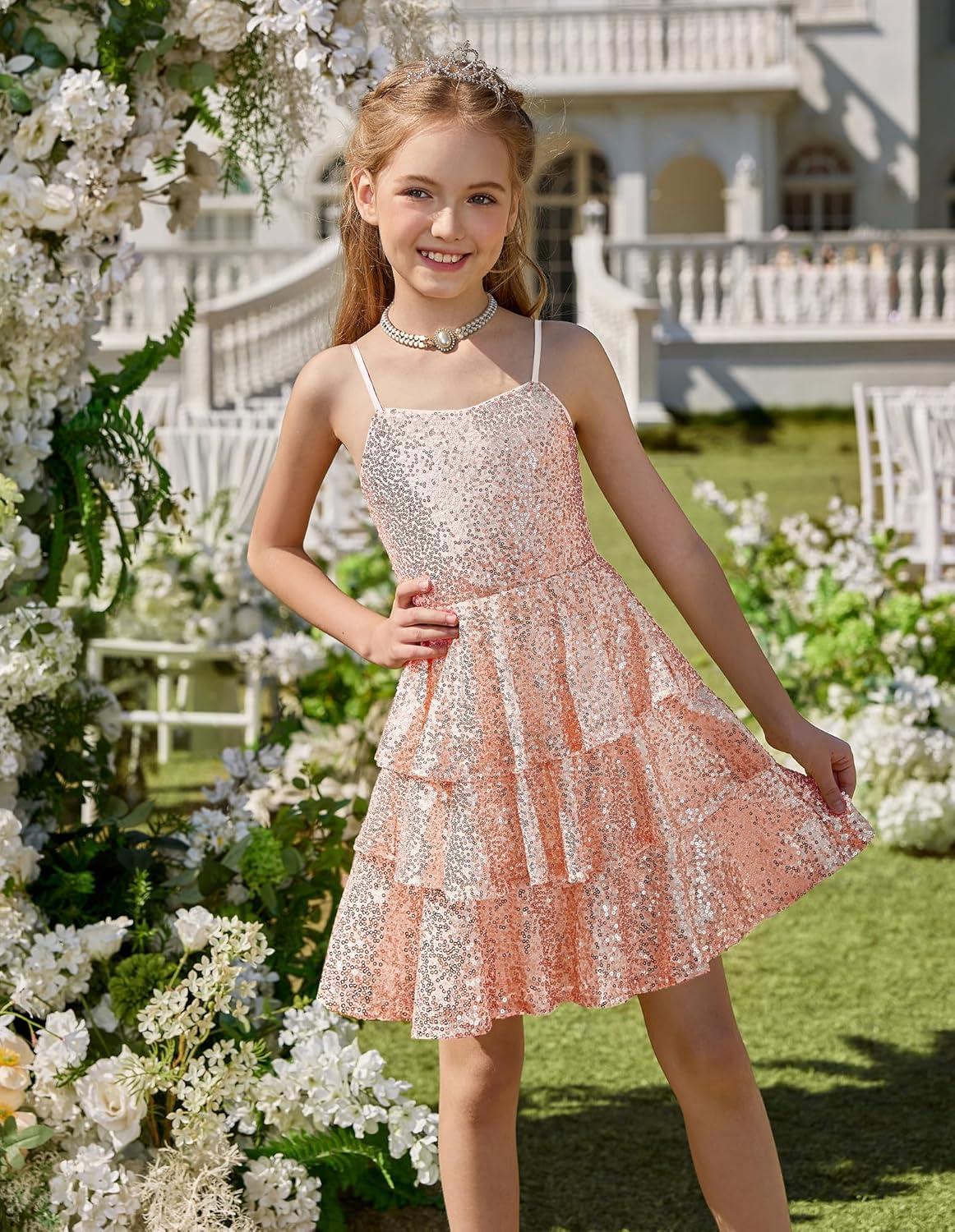 imageGRACE KARIN Girls Sequin Formal Dresses Kids Party Special Occasion Fancy Dress Tie Back 3 Layer Prom Graduation OutfitsRose Gold