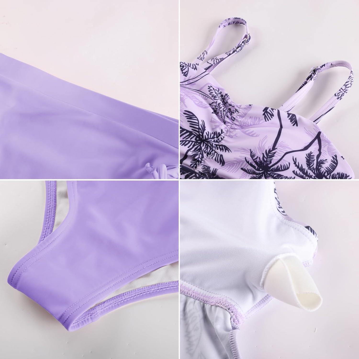 imageGRACE KARIN Girls Tankini Swimsuit Swimwear Teen Cute Ruffle Bathing Suit Kids 2 Piece Shirred Bikini Set with Padded 816Purplecoconut Tree