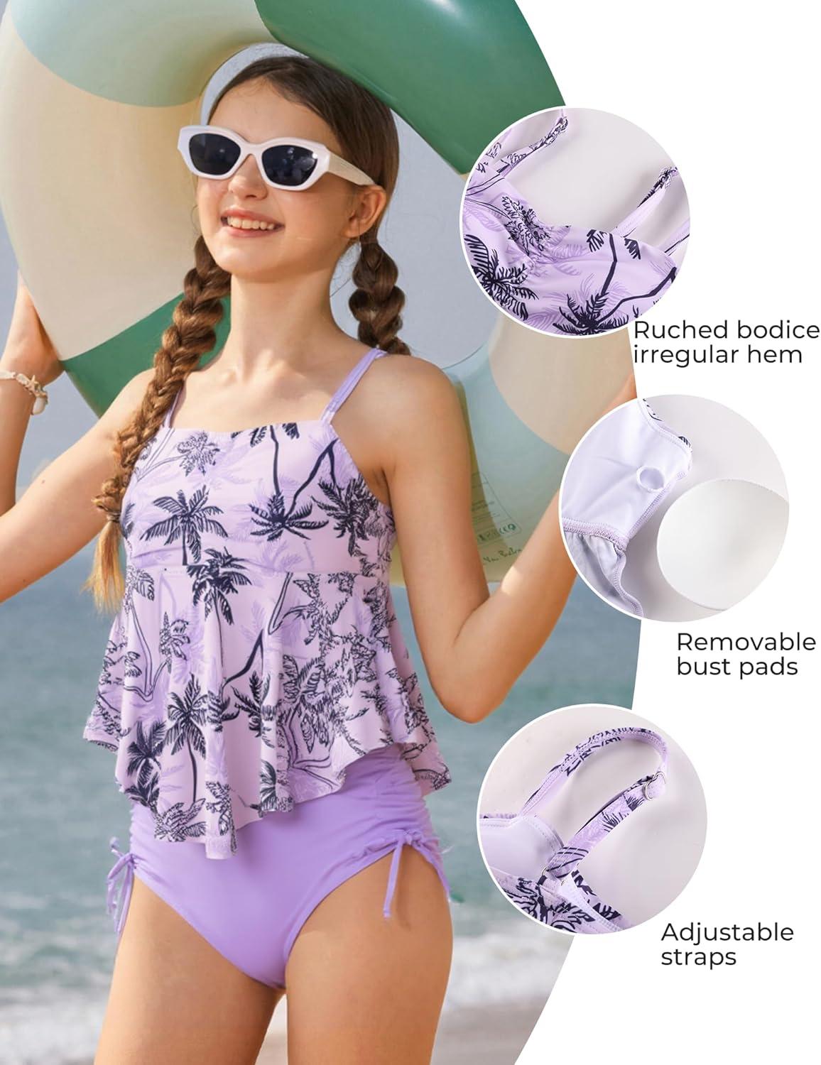 imageGRACE KARIN Girls Tankini Swimsuit Swimwear Teen Cute Ruffle Bathing Suit Kids 2 Piece Shirred Bikini Set with Padded 816Purplecoconut Tree