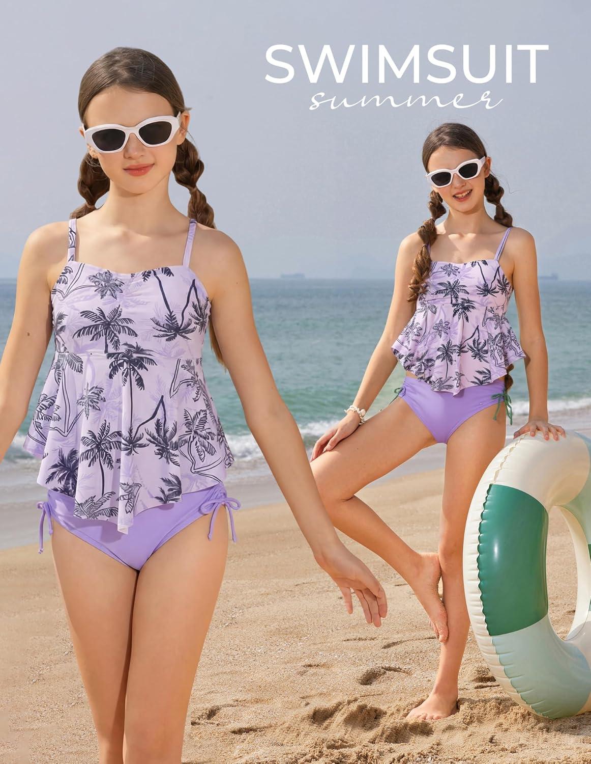 imageGRACE KARIN Girls Tankini Swimsuit Swimwear Teen Cute Ruffle Bathing Suit Kids 2 Piece Shirred Bikini Set with Padded 816Purplecoconut Tree