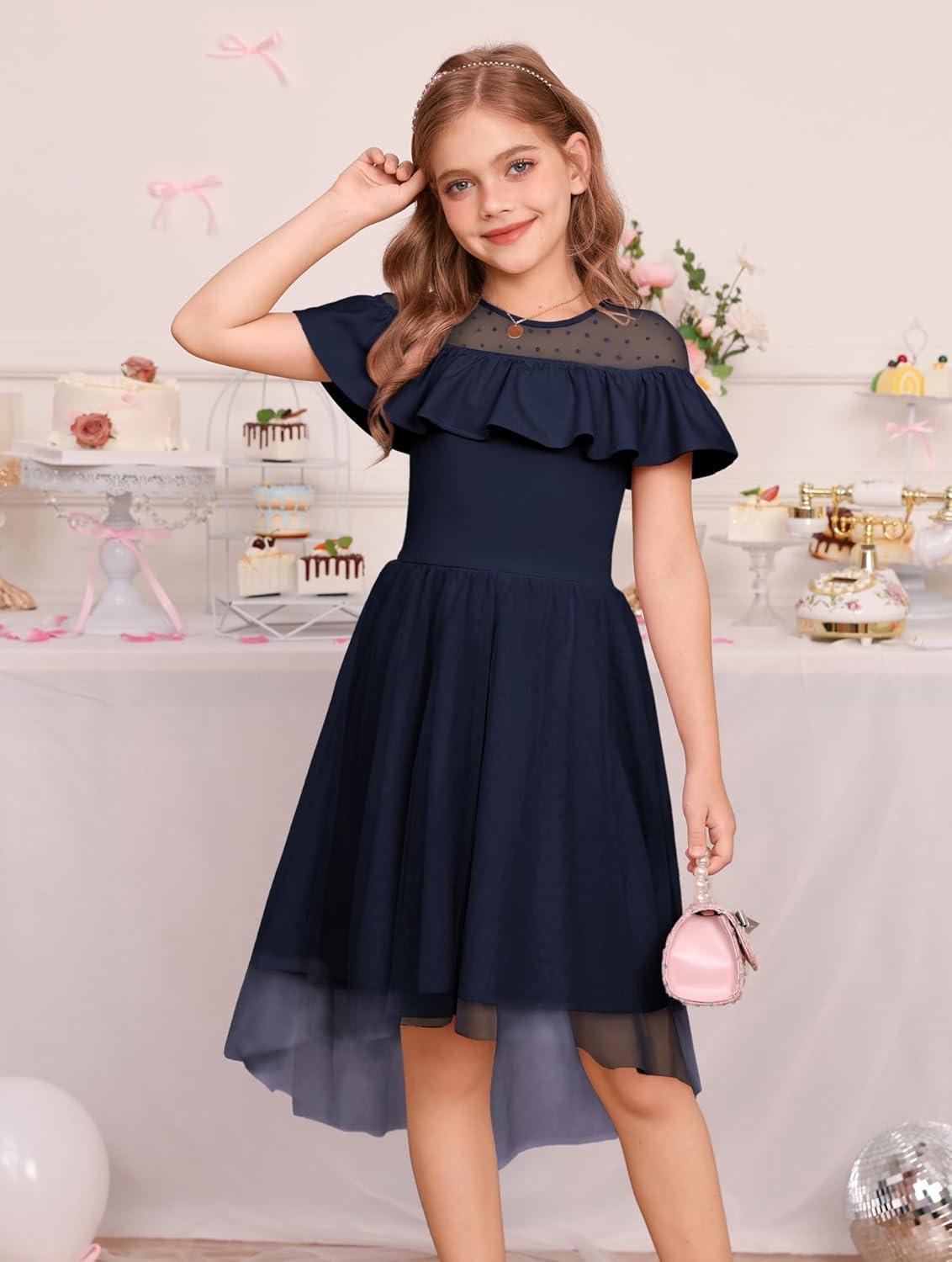 imageGRACE KARIN Girls Wedding Party Formal Dress Junior Bridemaid Dresses for Teens Tulle High Low Dress Size 714Navy Blue