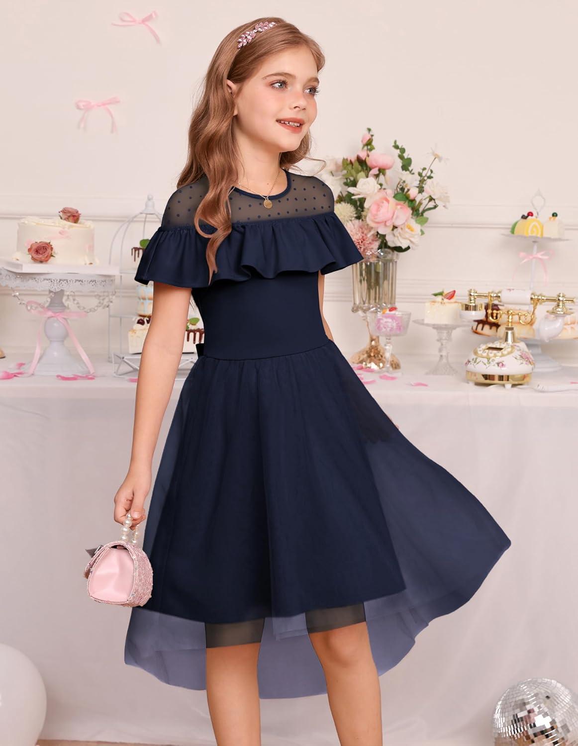 imageGRACE KARIN Girls Wedding Party Formal Dress Junior Bridemaid Dresses for Teens Tulle High Low Dress Size 714Navy Blue