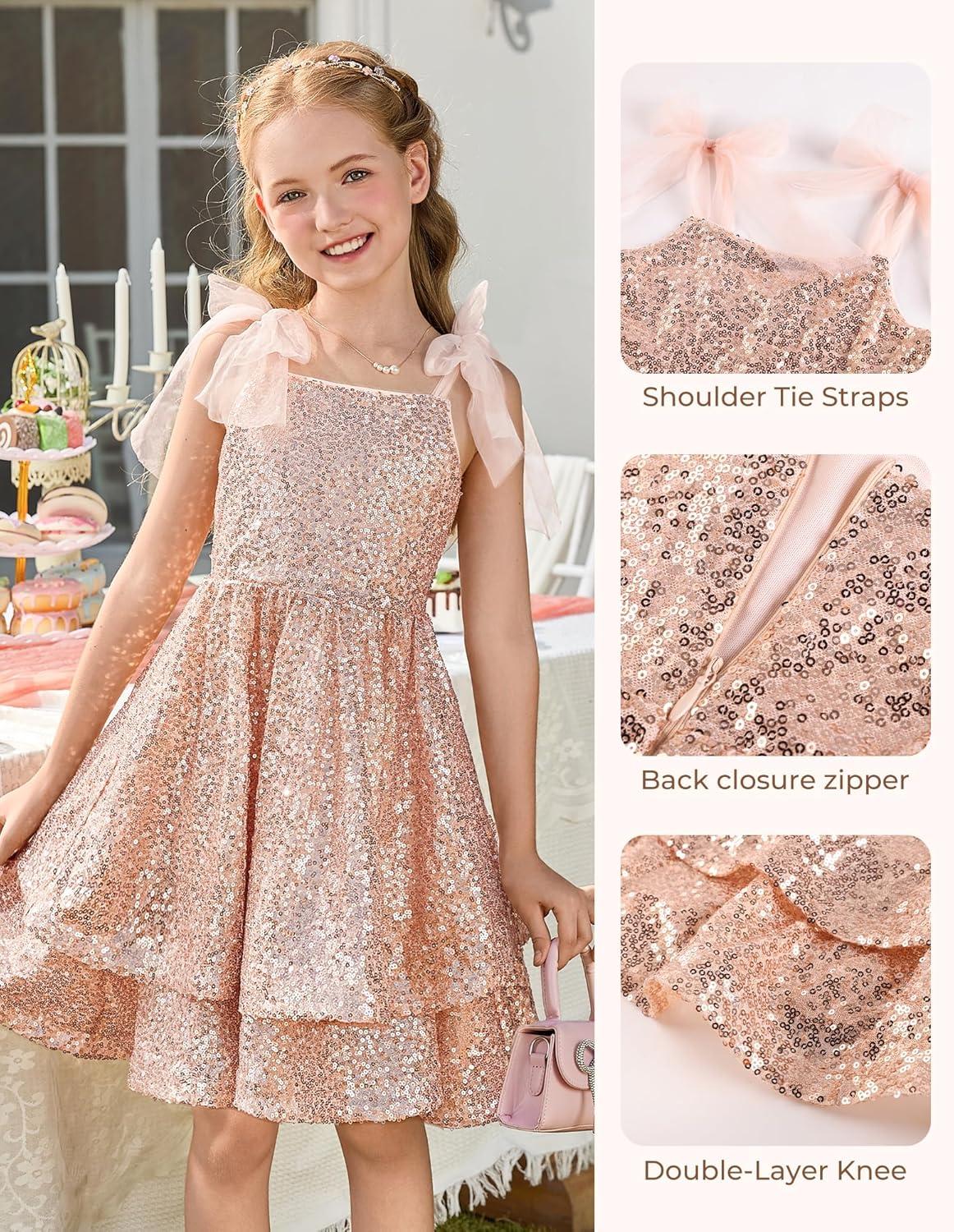imageGRACE KARIN Gold Girls Sequin Dress Sparkly Girl Fancy Daughter Dance Mini Dresses Kids Birthday Wedding Formal PartyGold
