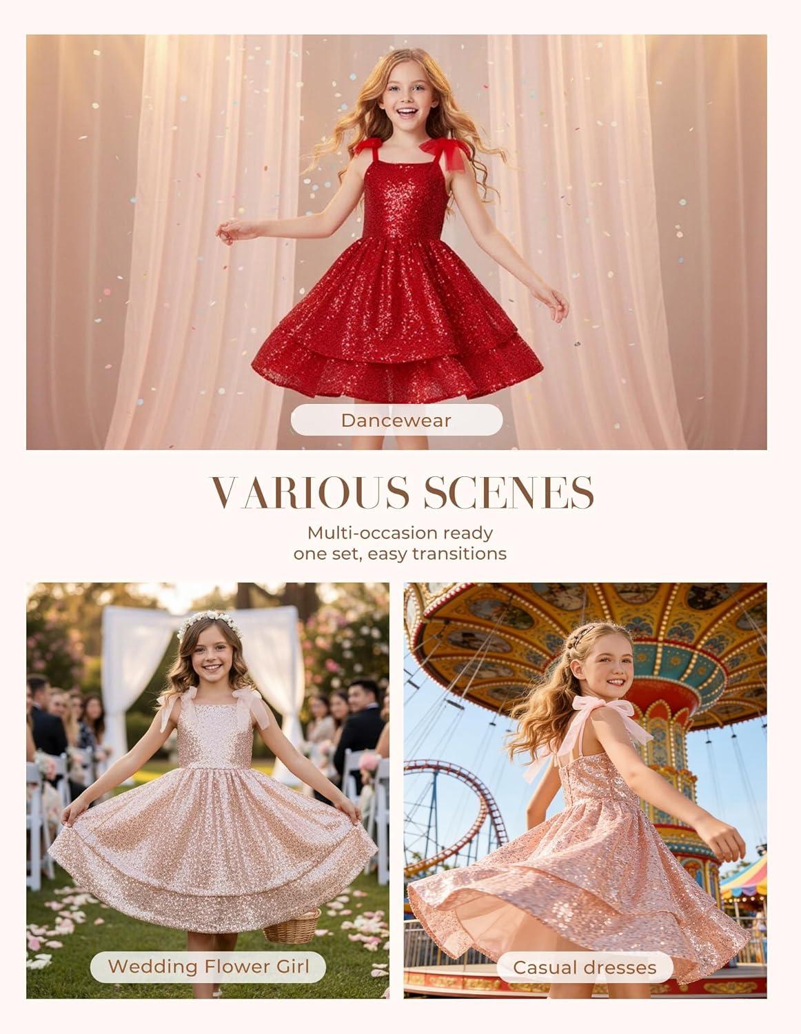 imageGRACE KARIN Gold Girls Sequin Dress Sparkly Girl Fancy Daughter Dance Mini Dresses Kids Birthday Wedding Formal PartyRed